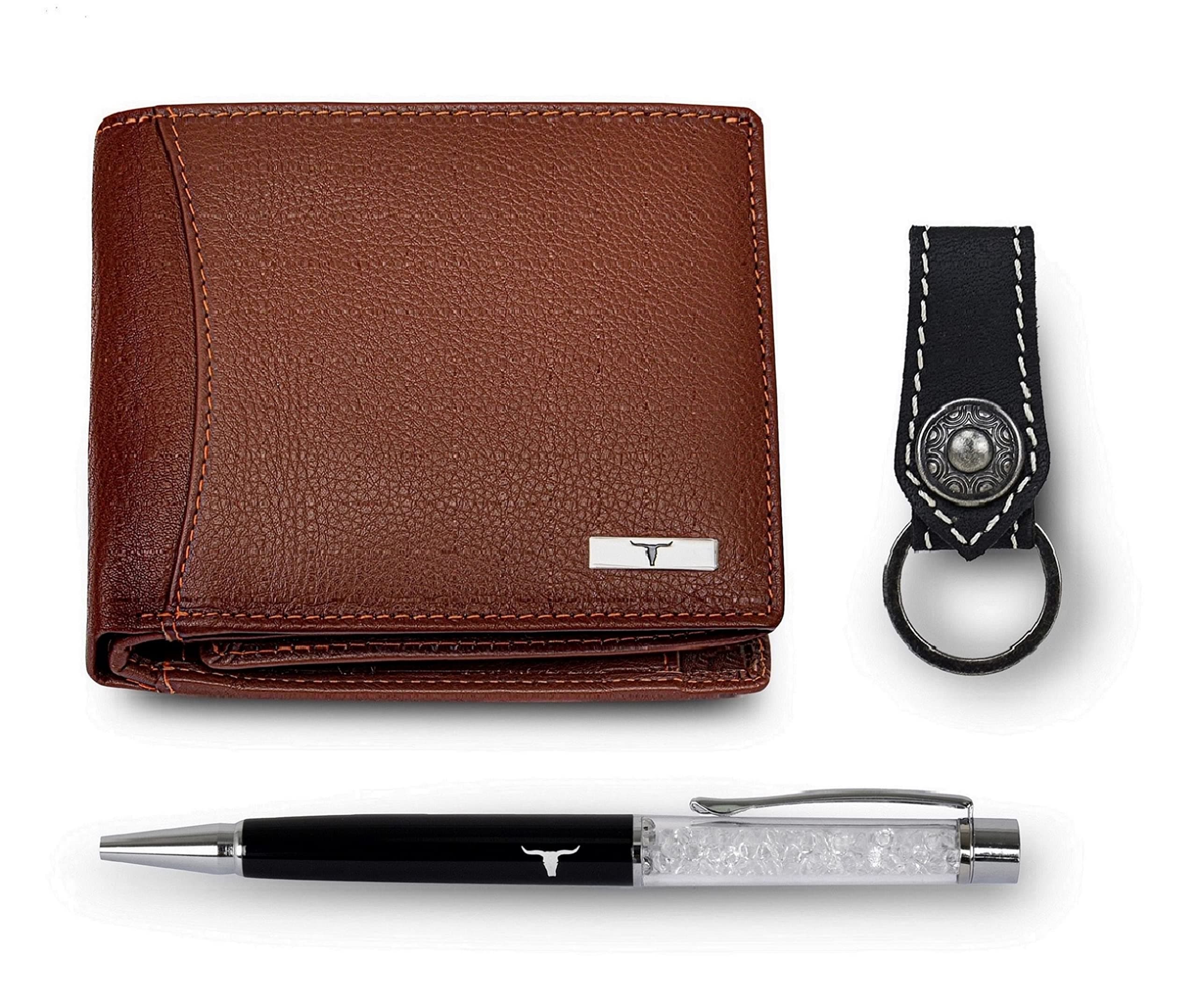 URBAN FOREST Oliver Redwood Leather Wallet, Black Keychain & Pen Combo Gift Set for Men