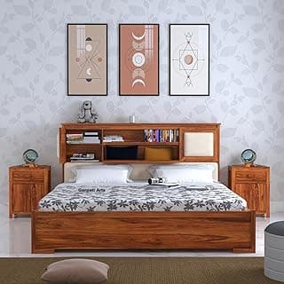 Ganpati Arts Solid Sheesham Wood Maharaja King Size Bed with Headboard and Box Storage Wooden Double Bed Palang for Bedroom Home (Natural Finish)