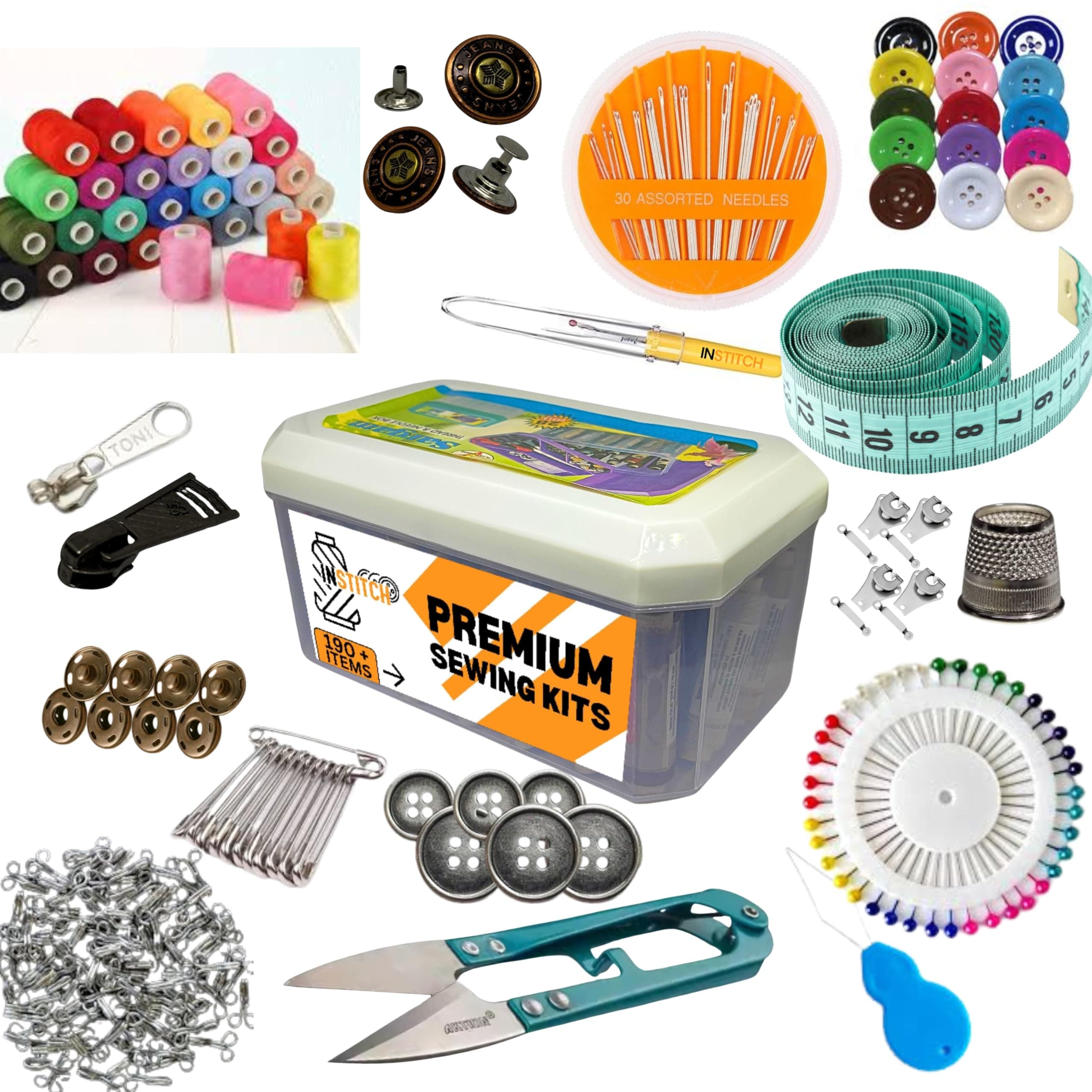 INSTITCH Two Layer Sewing Kit Box, 202 Pc with Vardhman Thread | 24 Vardhman Threads, Premium Quality Tailoring materials, Sui Dhaga kit, Needle and thread box, Pack of 202 Pcs (Multicolor)