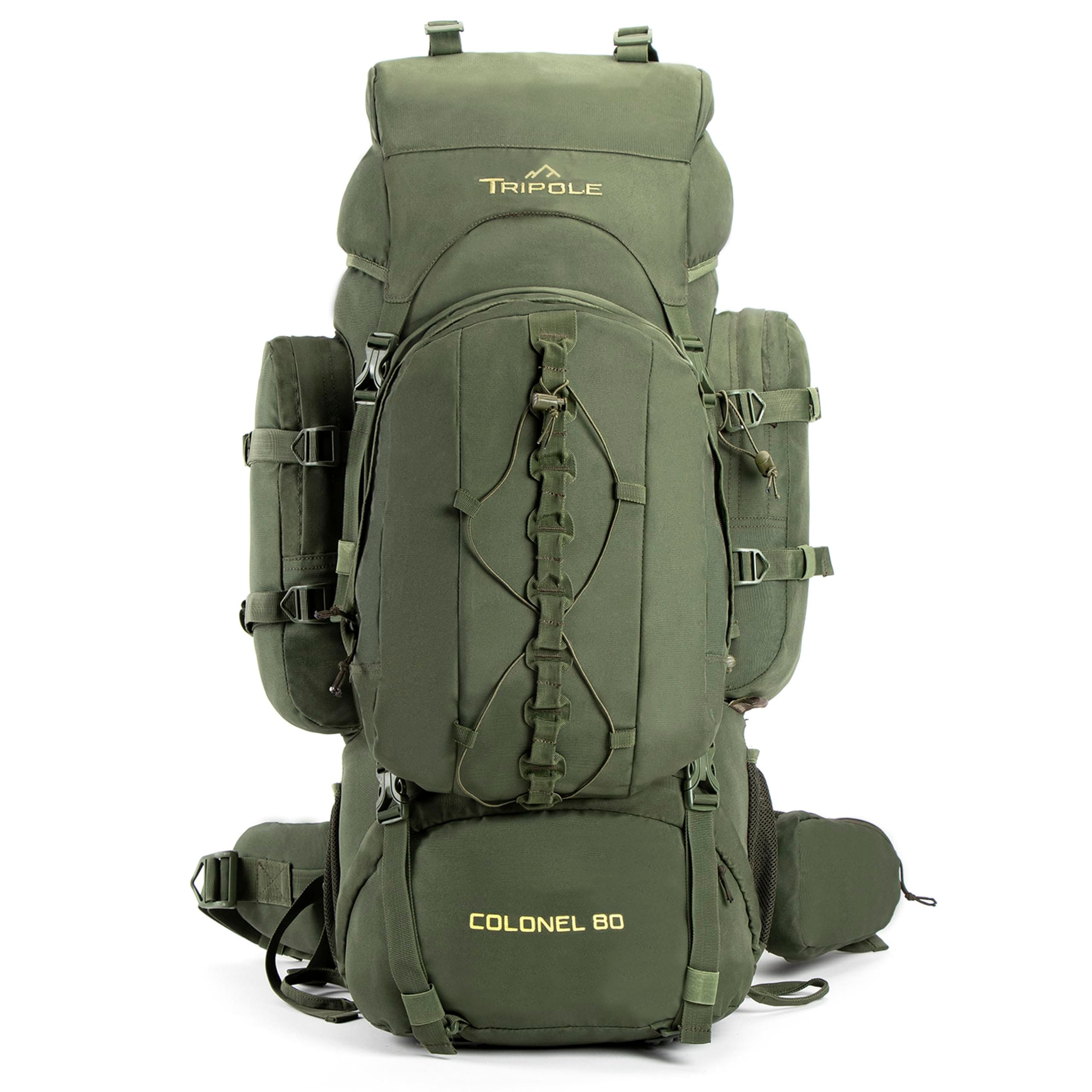 TRIPOLE Colonel Metal Frame 80L Rucksack with Detachable Bag & Rain Cover for Trekking & Travelling | Men & Women | 3 Year Warranty (Army Green, 80)