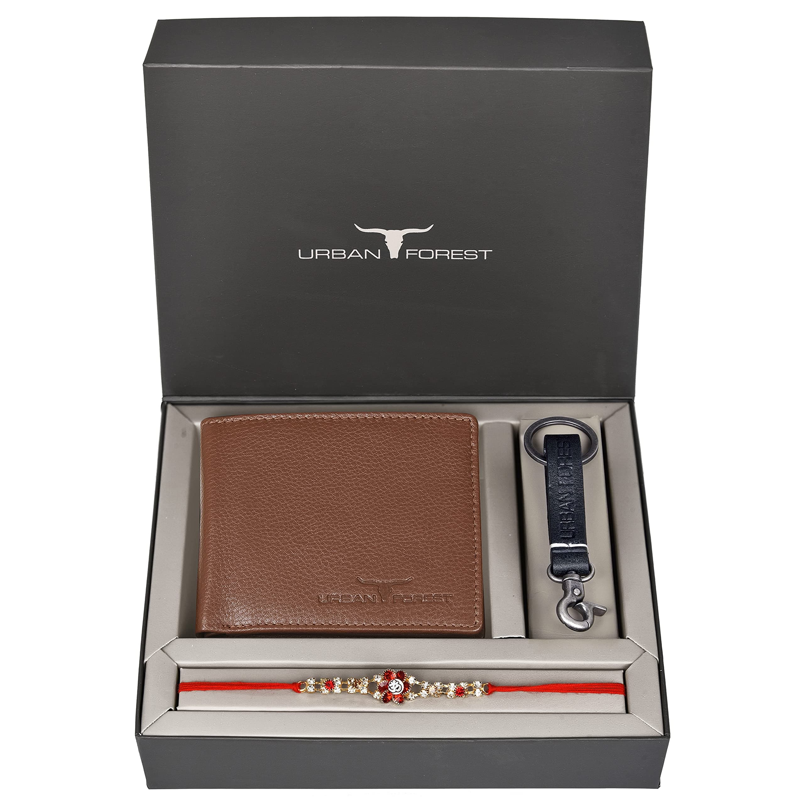 URBAN FOREST Rakhi Gift Hamper for Brother - Classic Redwood Men's Leather Wallet, Black Keyring and Rakhi Combo Gift Set for Brother - 4573
