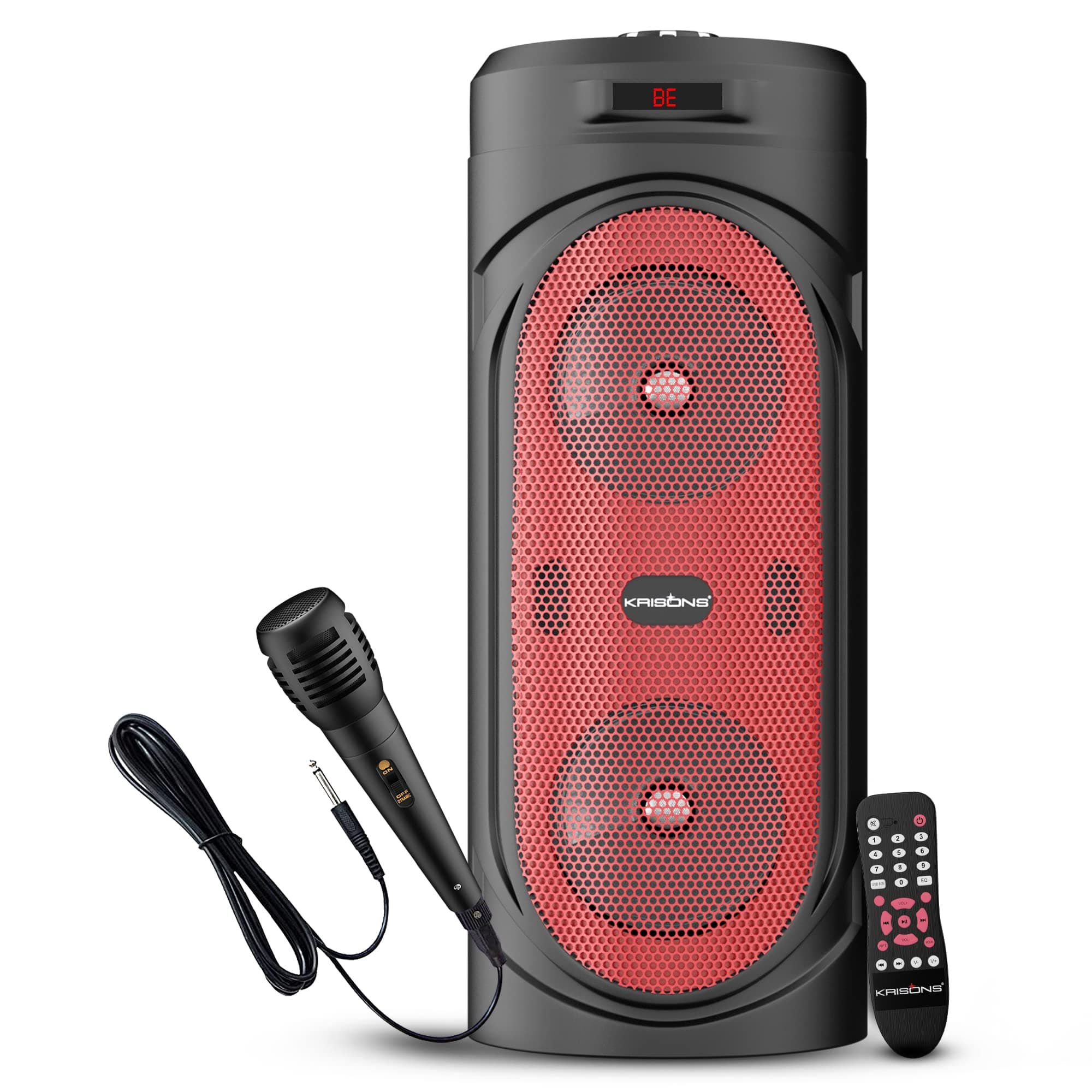 Krisons 4" RedStar Double Woofer 40W Multi-Media Bluetooth Party Speaker with Wired Mic for Karaoke, Digital Display,RGB Lights, USB, SD Card and FM Radio