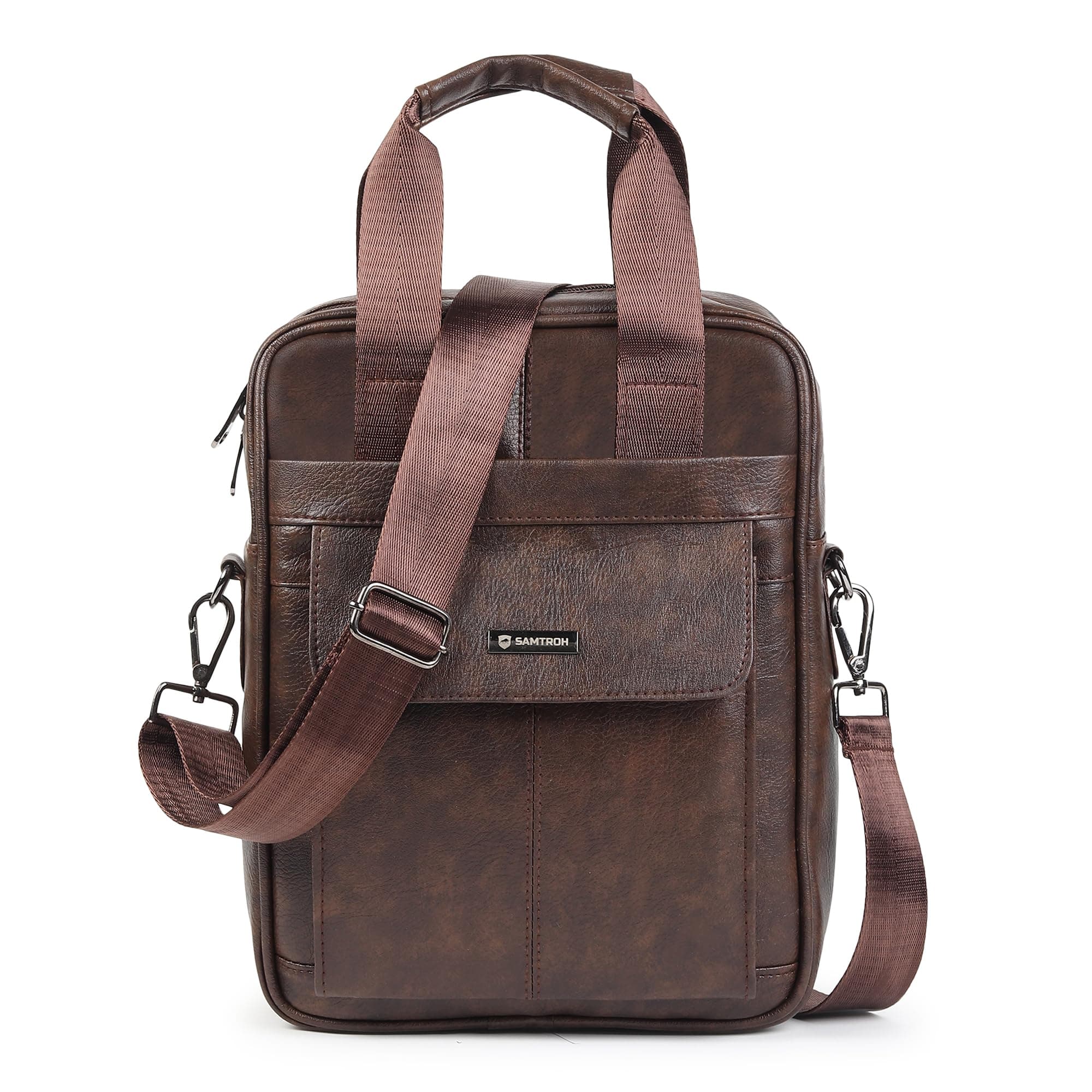 SAMTROH Men's Messenger Bag Vegan Leather Shoulder Bag A4 Size Paper Or Notebook Business Casual Crossbody Bag for Work Travel Outdoor (Brown)