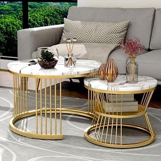 Handmade Iron Frame Set of 2 Round Coffee Table, with20.4" x 20.4", Marble VeneerTop, Contemporary Sofa Side Nesting Table for Living Room, Bedroom,HomeOffice (Golden White)