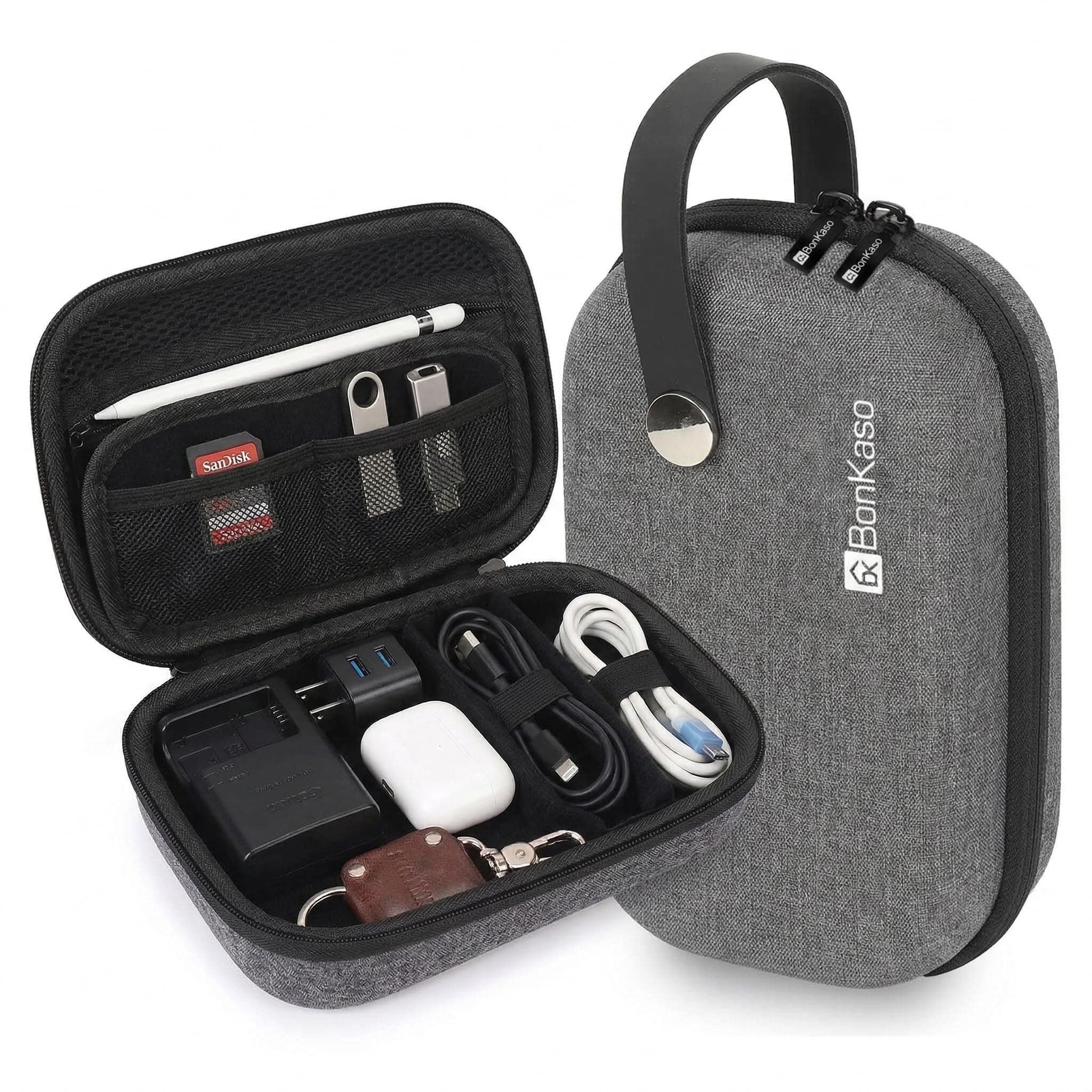 BonKaso Tech Organizer Pouch Hard Shell – Travel Electronics Accessories Case for Charger, USB Cable, Power Bank, Earphones & Hard Drive | Compact EVA Storage Bag – Grey