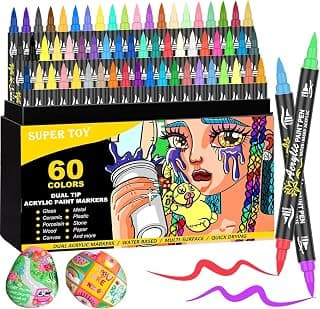 SUPER TOY 120 Colors Acrylic Paint Markers, Dual Brush Tip Pens for Wood, Calligraphy, Canvas, Ceramic, Metal, Glass, Rock Painting, DIY Crafts Supplies Mandala Art Drawing (60 Pens= 120 Colors)