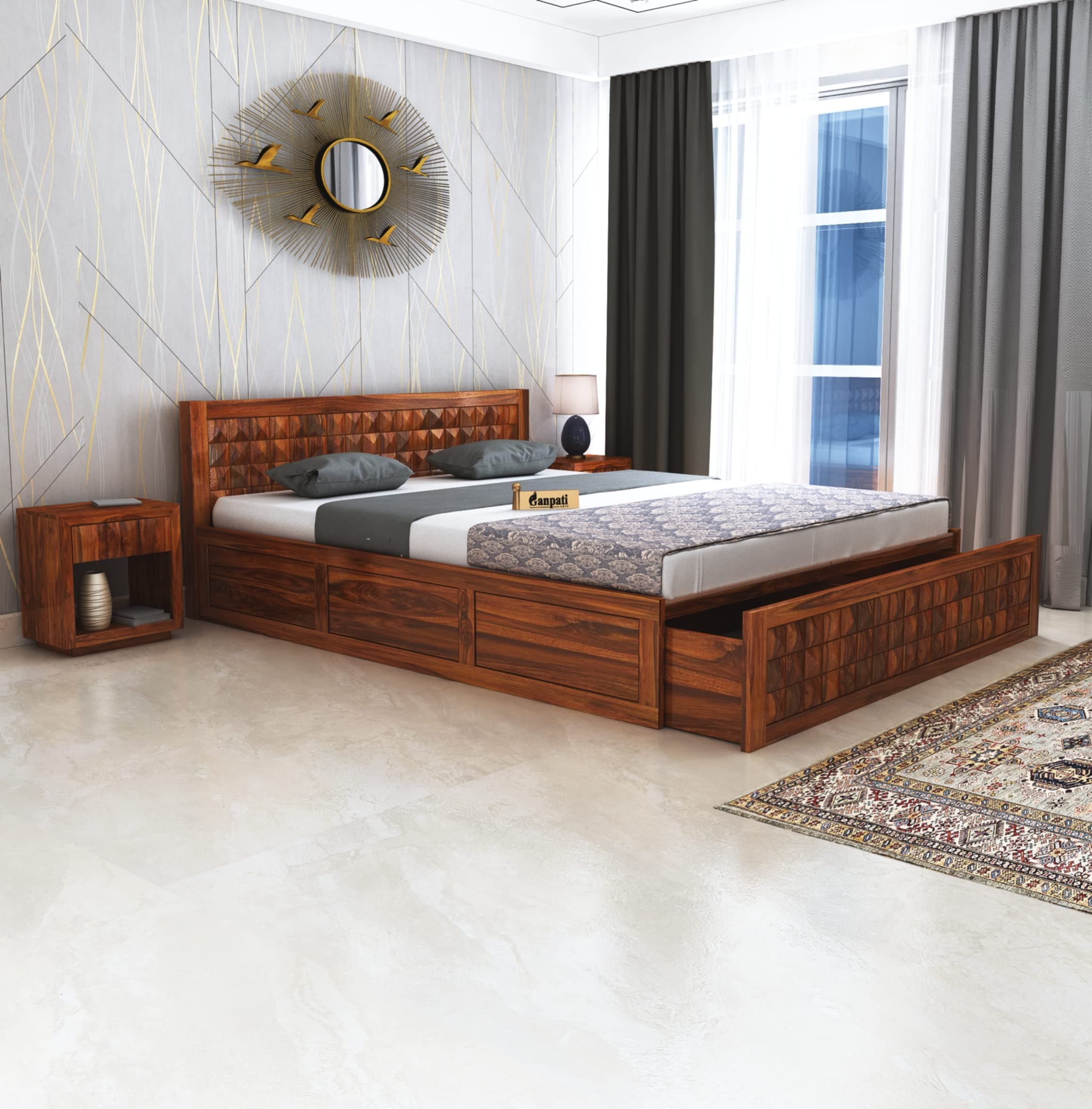 Ganpati Arts Sheesham Wood Queen Size Bed with Half Box and Front Trolly Storage for Bedroom Living Room Home Solid Palang Double Bed Wooden Bed Room Furniture (Natural Finish)