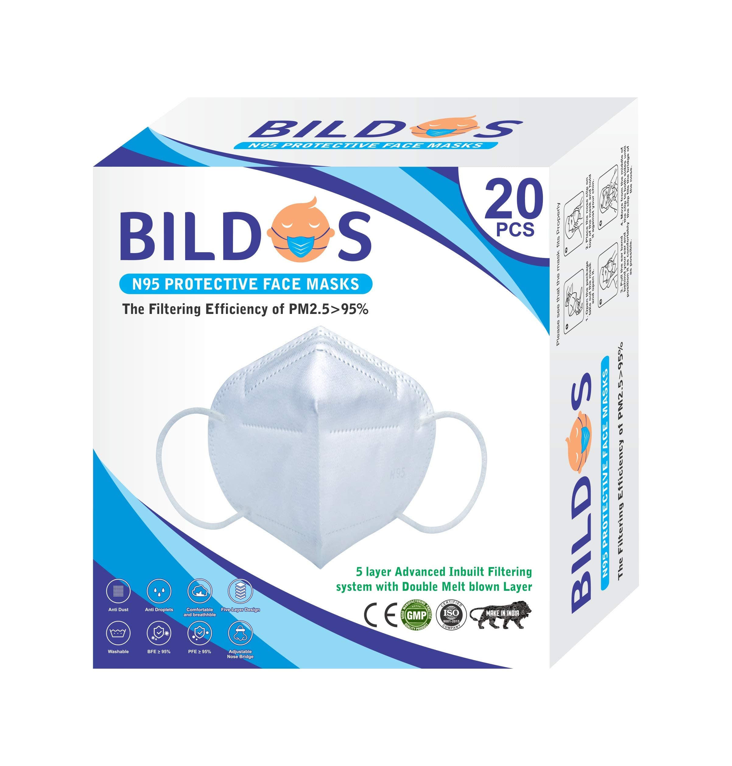 Bildos 5 Layer N-95 mask with Melt blown Layer Anti-Pollution N95 Face Mask(White)