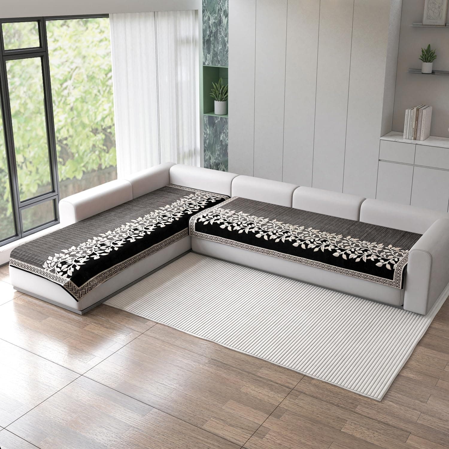 Nendle Superior Velvet Floral Sofa Mat 6 Seater Set Cover Durable Protector for Living Room Sofa Set 3+3, Suitable for L Shape, Sectional and U Shape Sofa (Black, Pack of 2)