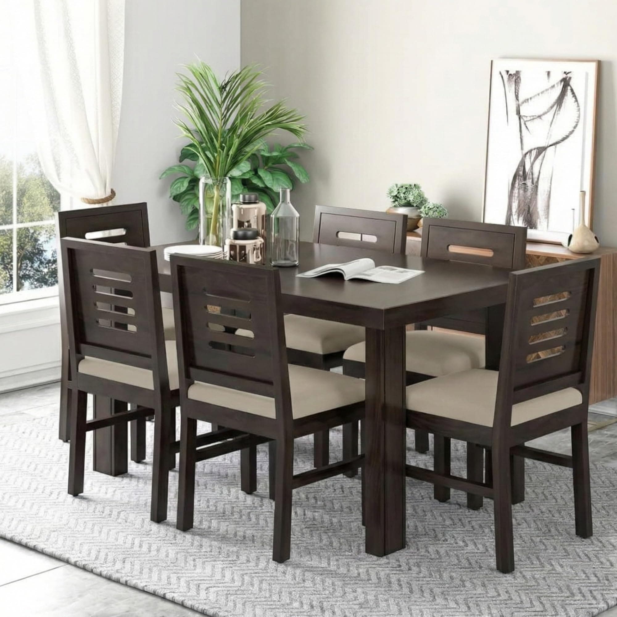 SONA Art & Crafts Capsule Solid Sheesham Wood Dining Table Set 6 Seater Dinner Dinning Table with 6 Chair for Dining Furniture for Living Room Home Hotel Office Self Assembly