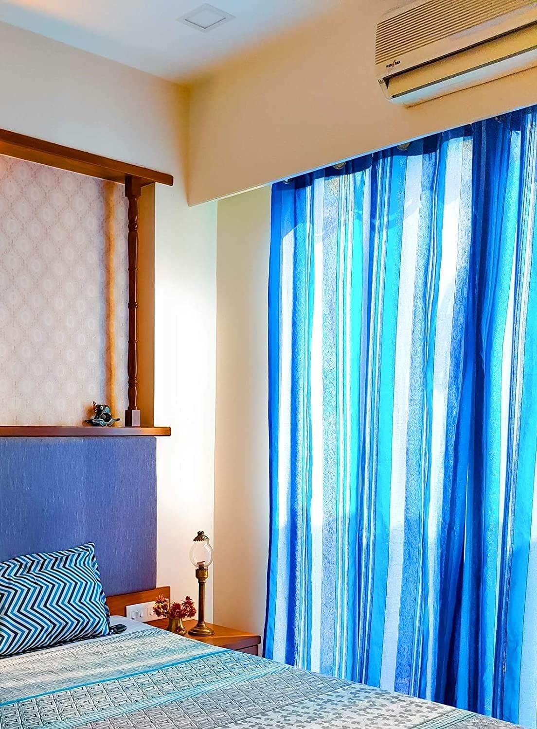 RANGBHAR Cotton Door Curtains | 7 Feet Long Set of 2 | Pure Handloom Light Filtering Fabric | Eyelet Curtains for Living Room & Bedroom | Striped Blue