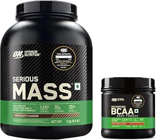 OPTIMUM NUTRITION (ON) Serious Mass High Protein High Calorie Weight Gainer Powder - 3 kg (Chocolate) & Optimum Nutrition BCAA, 5g BCAAs in 2:1:1 Ratio, 30 servings (250gm, Fruit Punch)