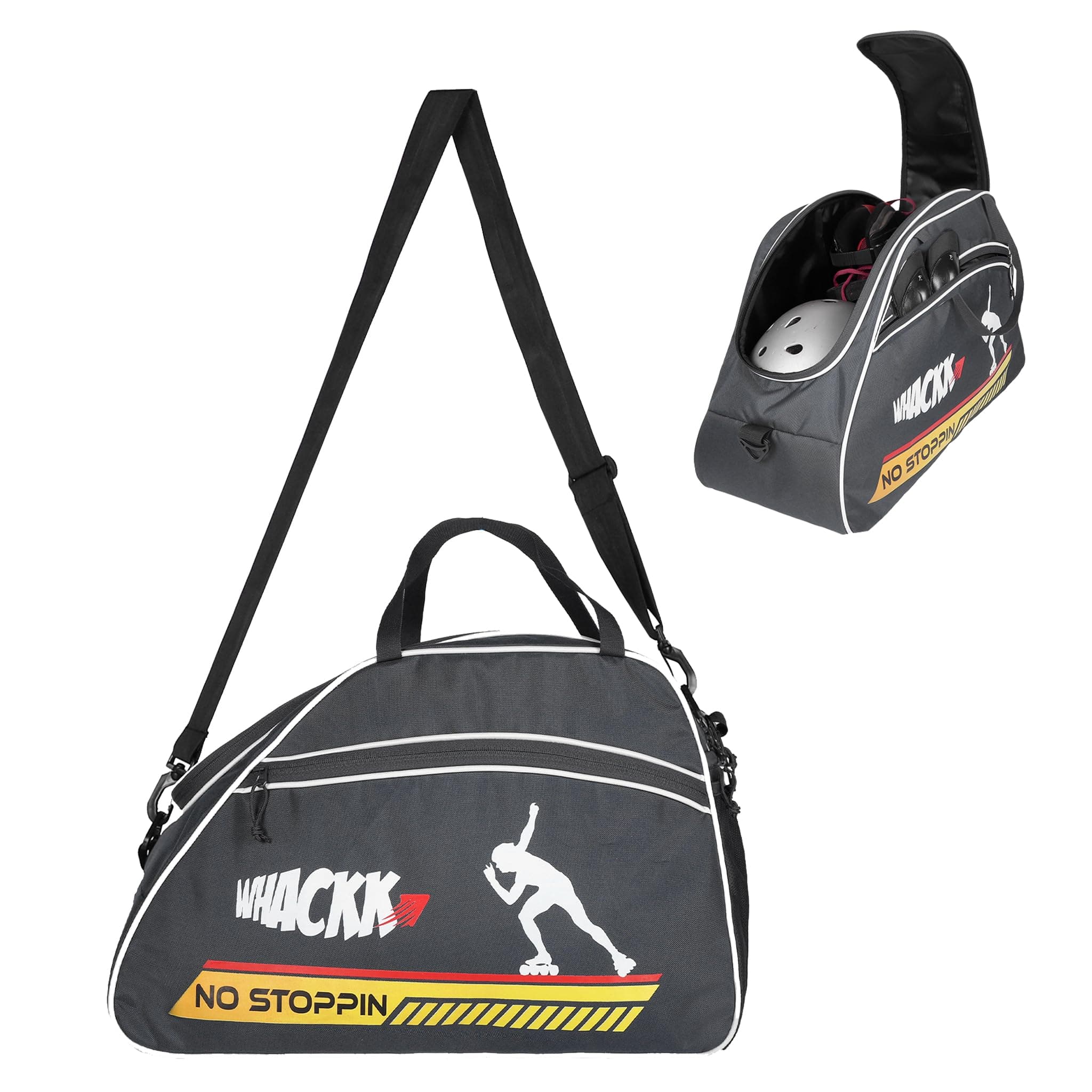 WHACKK Skating Equipment Bag|Gym Sports Quad Ice Skates Kitbag|Travel | Easy Access Pocket|2 Bottle Holders|Compartment Fits in Helmet & Skates 11" (Roller Black, M)