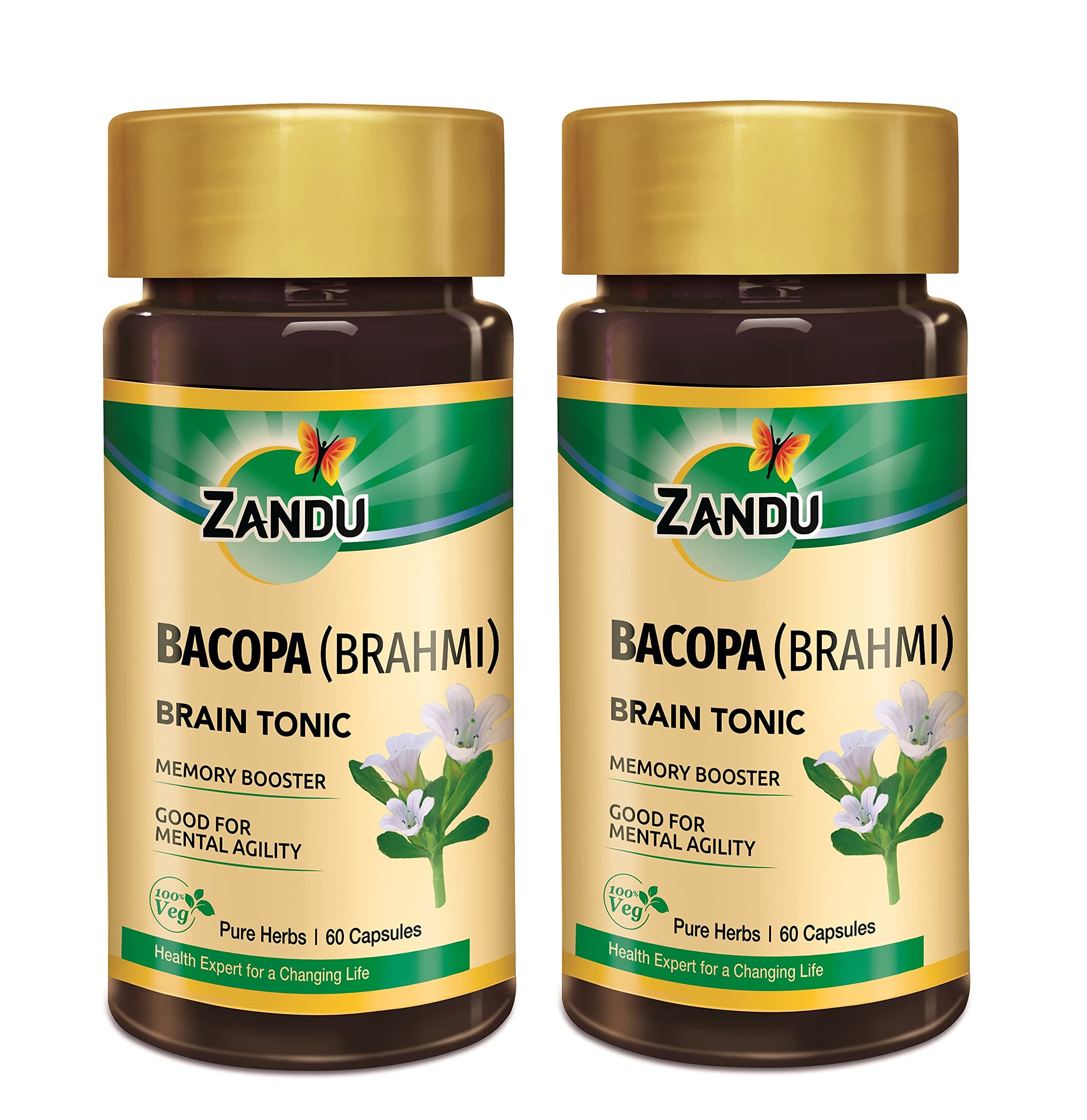 Zandu Bacopa (Brahmi) Capsules: An Age Old Ayurvedic Remedy Made Using Natural Extracts of Brahmi| Helps Improve Focus & Learning- 60 Veg capsules (Pack of 2)
