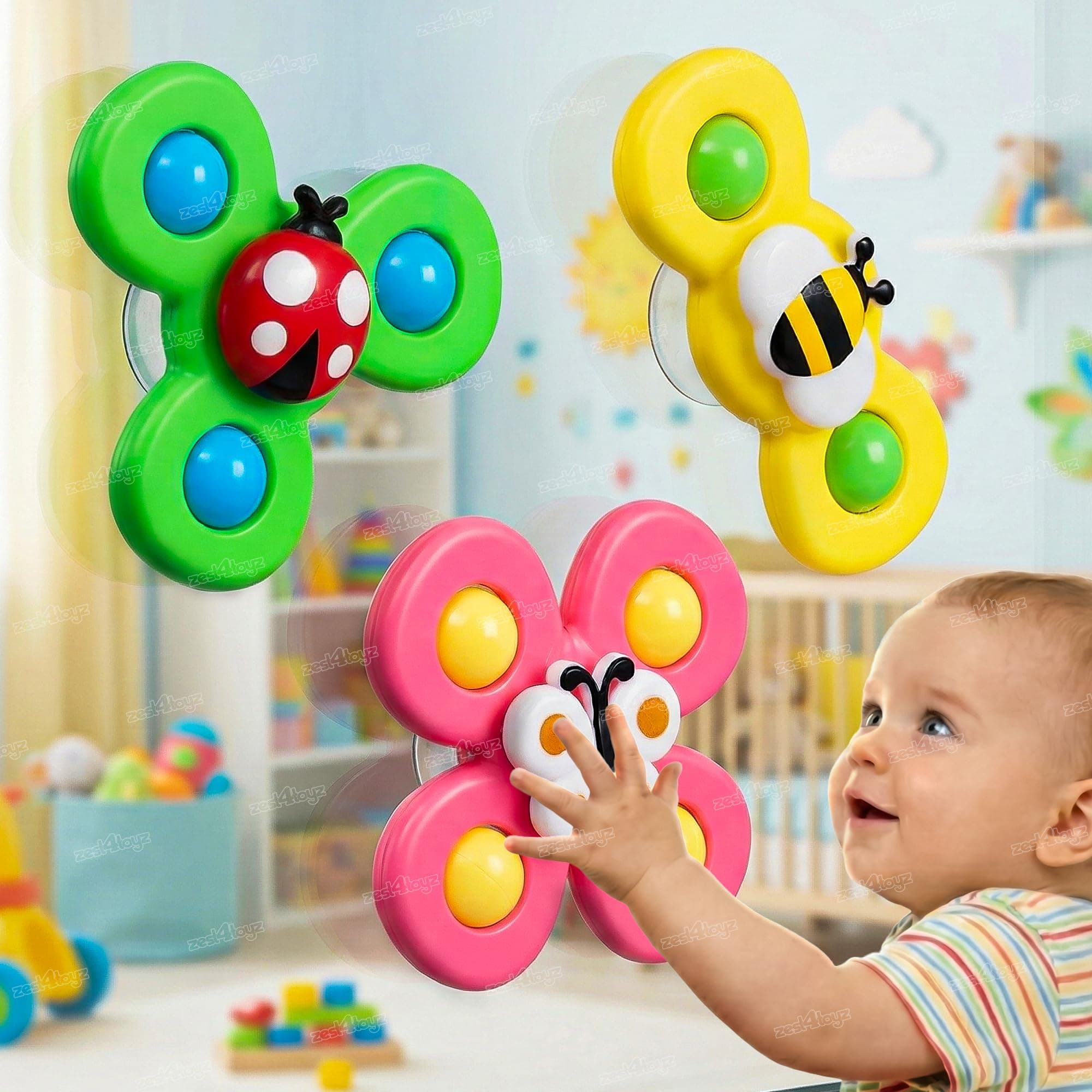 Zest 4 Toyz Baby Bath Spinner Suction Toy 3 Pcs Suction Cup Spinning Top Waterproof Fidget Spinner for Baby Boys & Girls Pop-Up Rotating Sensory Toy Toddler & Infant Bath Time Fun