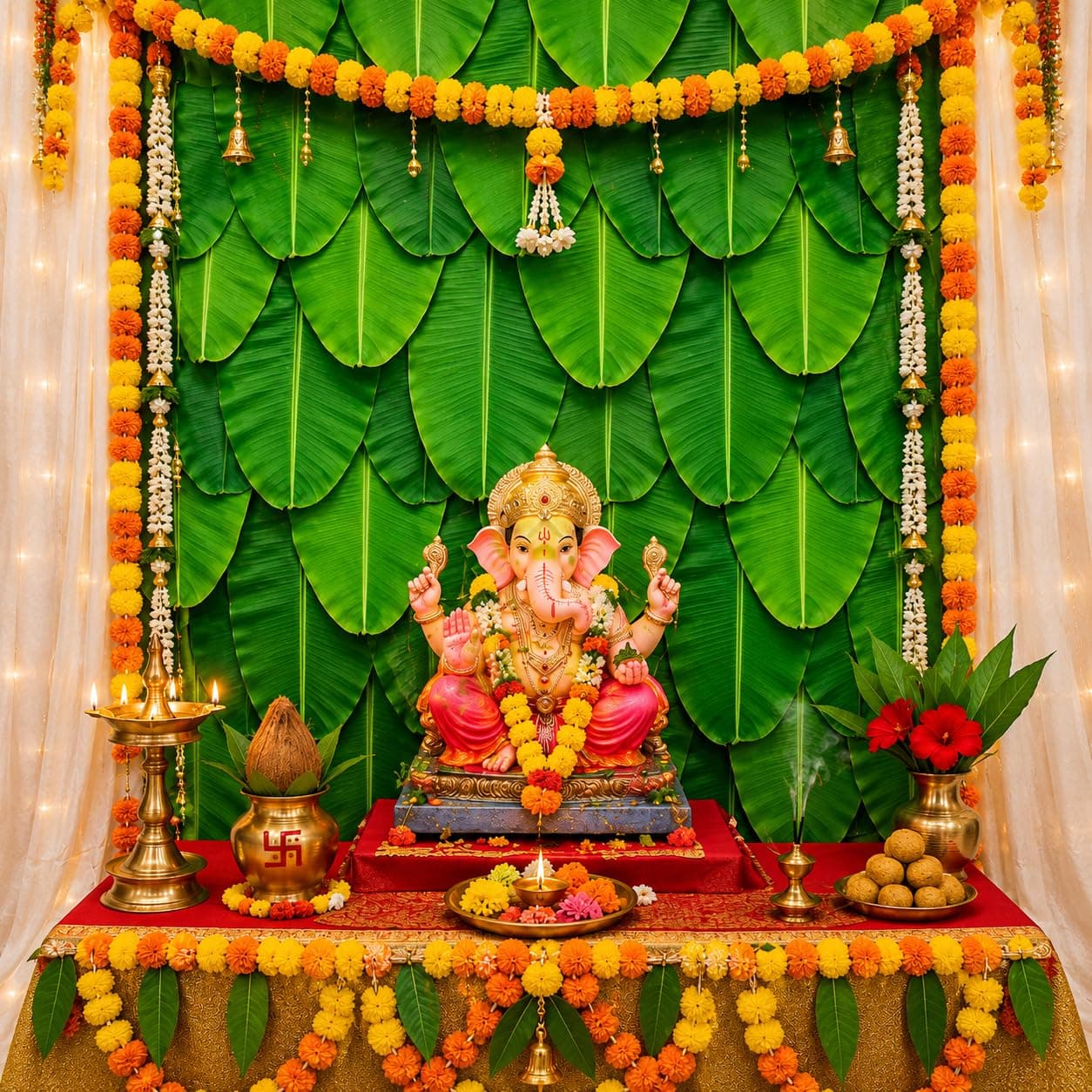 S2S Banana Leaf Backdrop Cloth Curtain (8 x 5 FEET) | Ganpati Decoration Setup for Home | Varalakshmi Pooja, Janmashtami Decoration Items | Traditional Background for All Festival (Pack of 1)