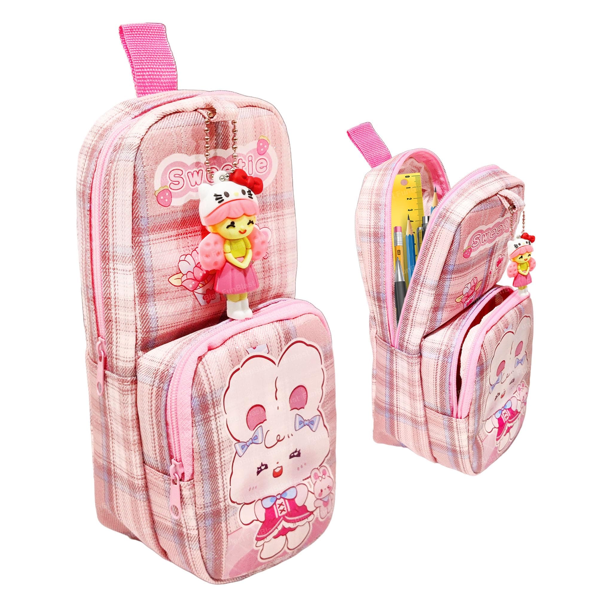 FunBlast Large Capacity Hangable Double Layer Soft Fabric Pencil Case With Cartoon Figure for Girls, Kawaii Aesthetic Pouch (Pink)