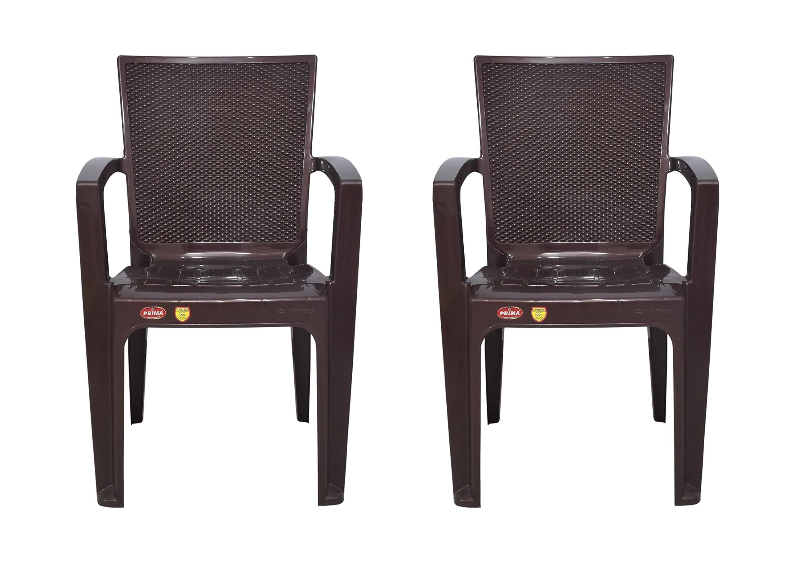 Prima Plastic Chair for Living Room | Set of 2 | Chair for Home, Living Room, Multipurpose | Stackable Chair with arm | 100% Virgin Plastic | Big Boss 1 (Weather Brown Colour)