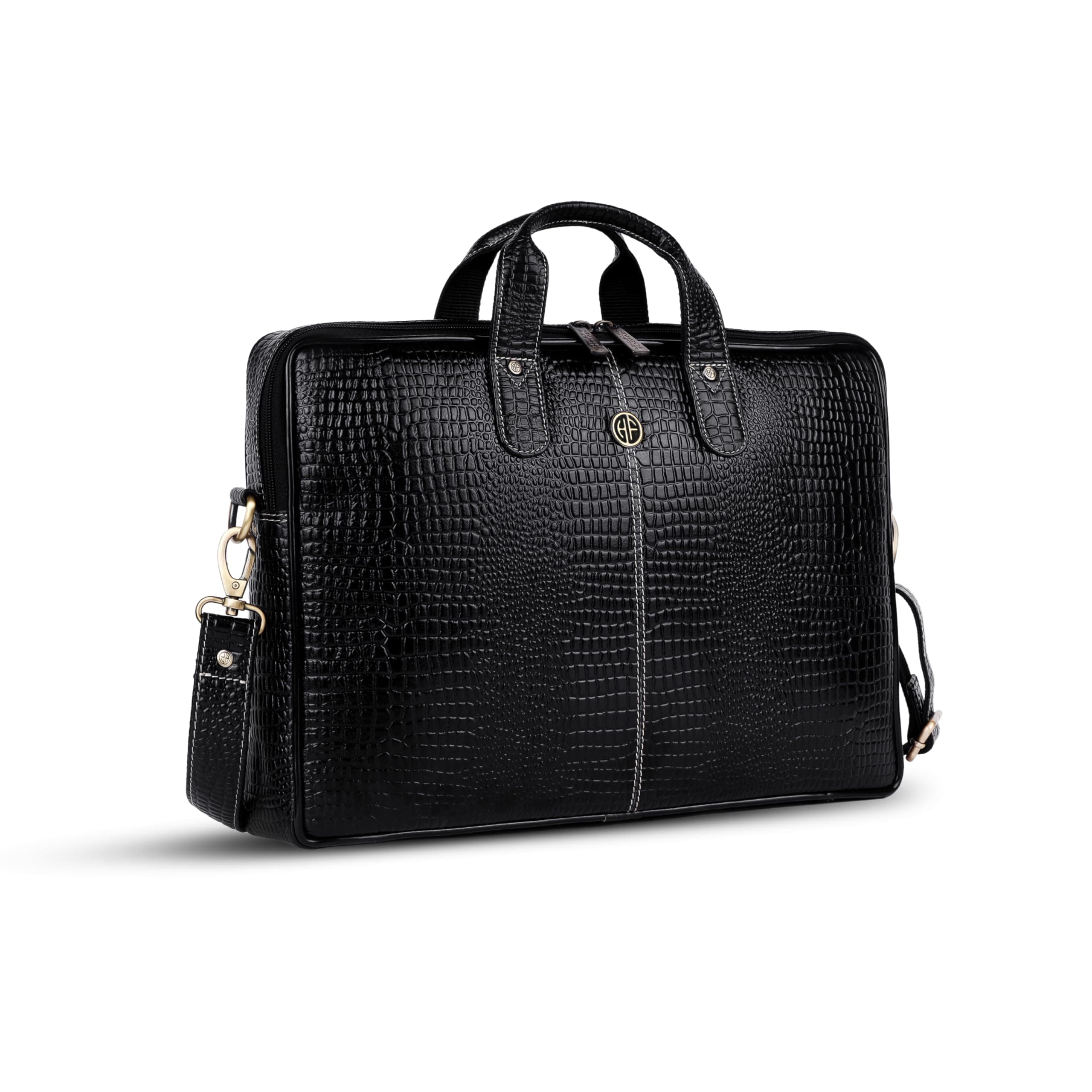 HAMMONDS FLYCATCHER Genuine Leather Office Bag for Men - 15.6 Inch Laptop Bag, Professional Leather Bag for Men - Adjustable Straps and Multiple Compartments - 1 Year Warranty - Croc Black