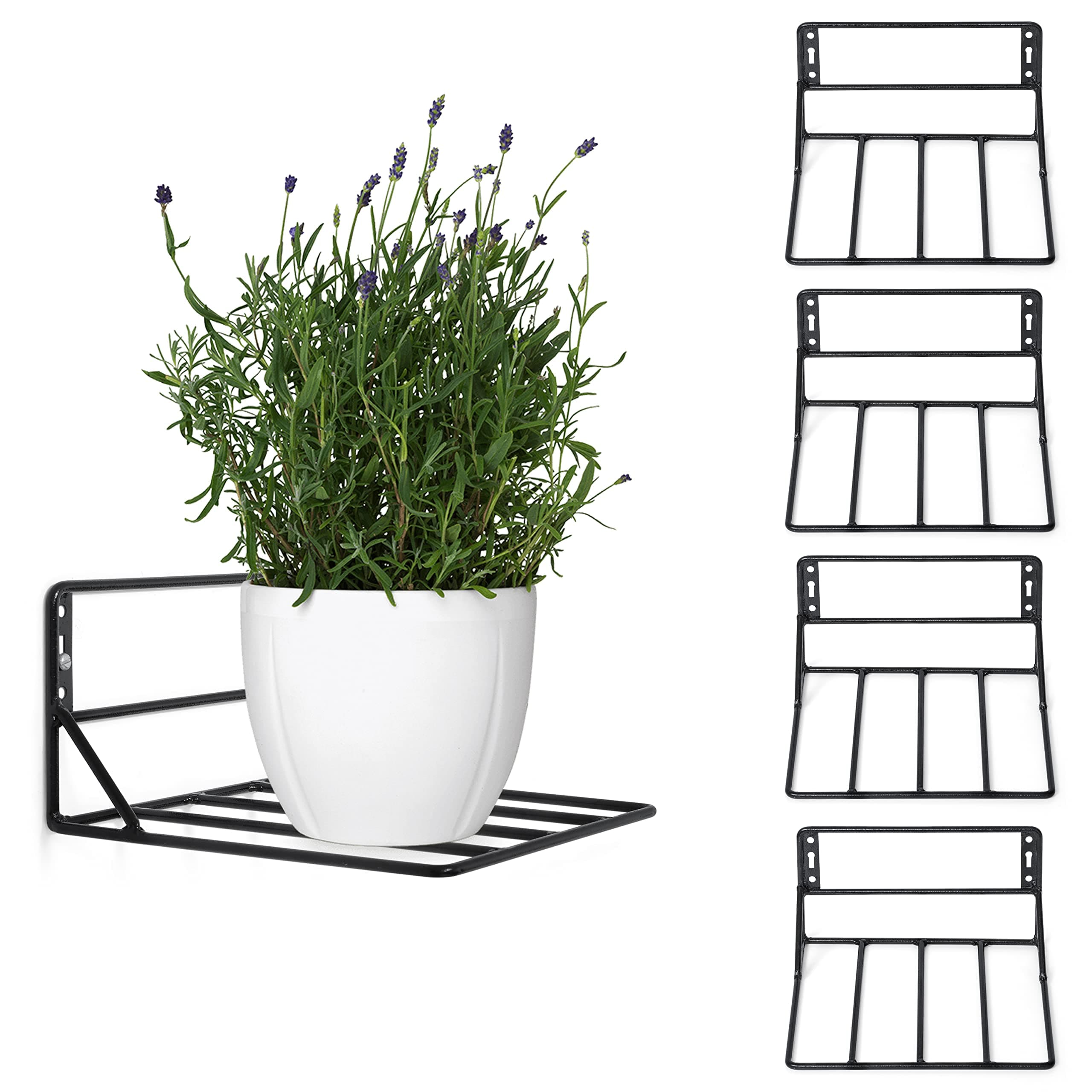 Livzing Wall Mount Flower Pot Stand- Hanging Bracket Plant Holder for Balcony Garden Living Room Outdoor Indoor Plants - Metal Planter Stand- Grill Rack Shelf - Set of 4, Black