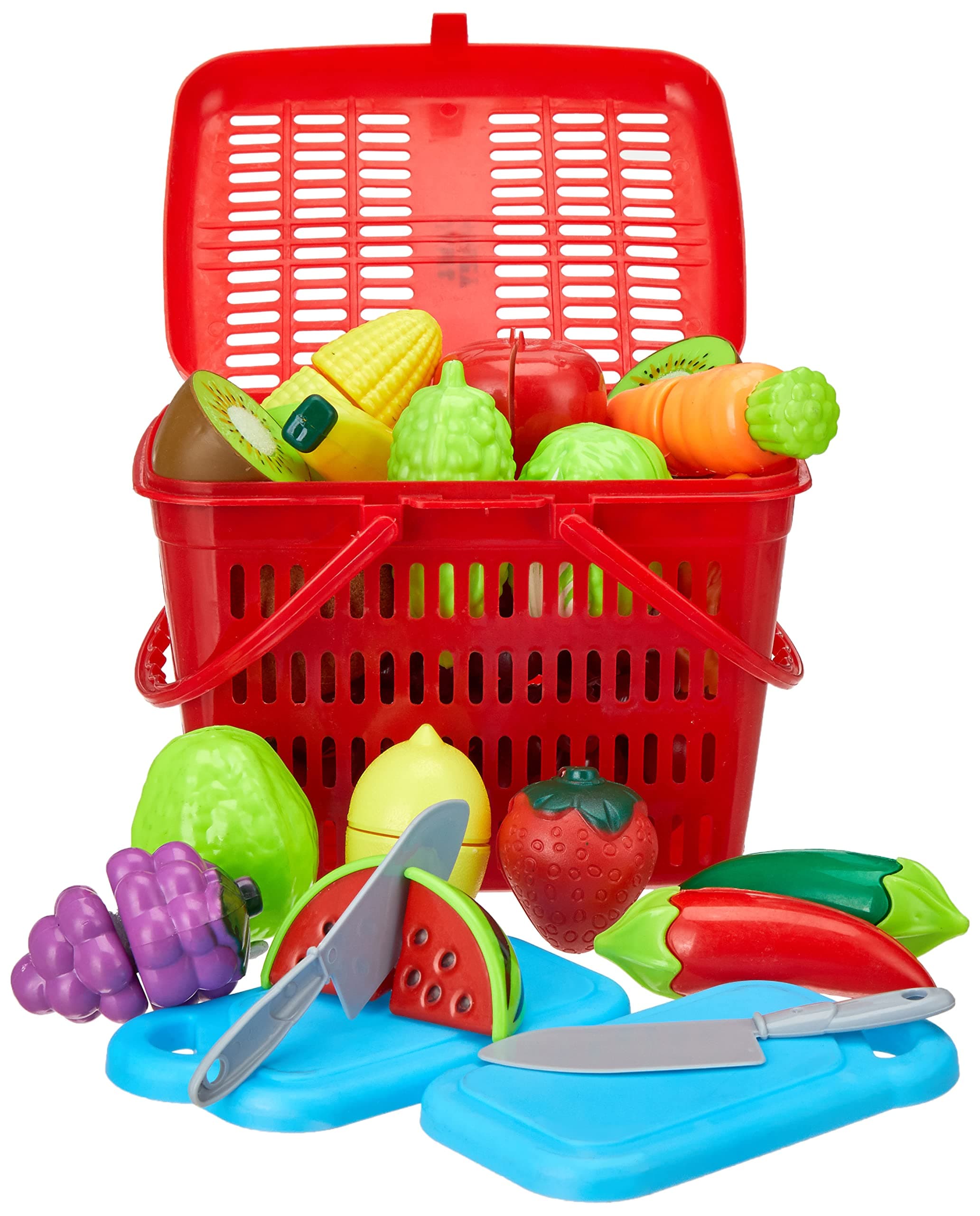 Amazon Brand - Jam & Honey Cutting Fruits & Vegetables Toy Set for Kids 2+ Years, Pretend Play Food Basket with 14 Pieces, Chopping Board & Knife, Role Play Learning Toy, BIS Certified Safe