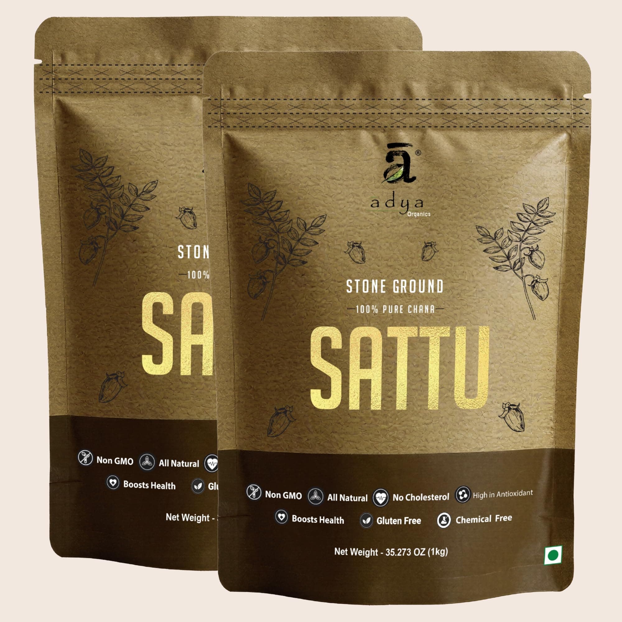 Adya Organics Chana Sattu Powder 2 kg | Stone-Ground & Iron-Roasted | Organic Sattu for Drinking | High Protein, Gluten-Free, Low GI | Traditional Bihar Sattu (1kg x Pack of 2)