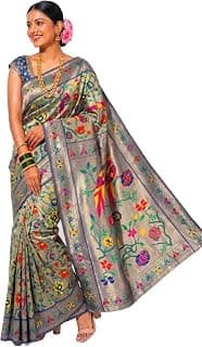 MIMOSA Women's Navy Art Silk Paithani Saree (Unstitched Blouse) 6.2 Mtrs