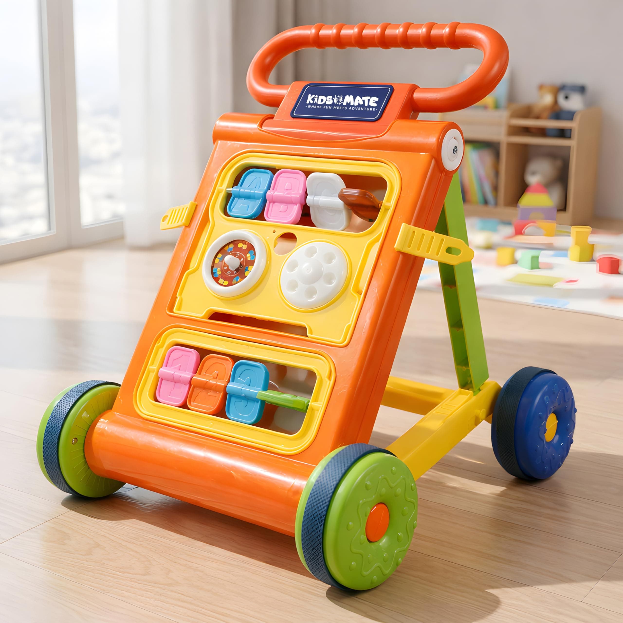 Kidsmate Baby Activity Walker with Toy Bar | Foldable Push Walker for Babies 6–18 Months | Interactive Learning Walker with Shape & Spin Games | Supports Early Steps, Learning & Playtime Fun - Orange