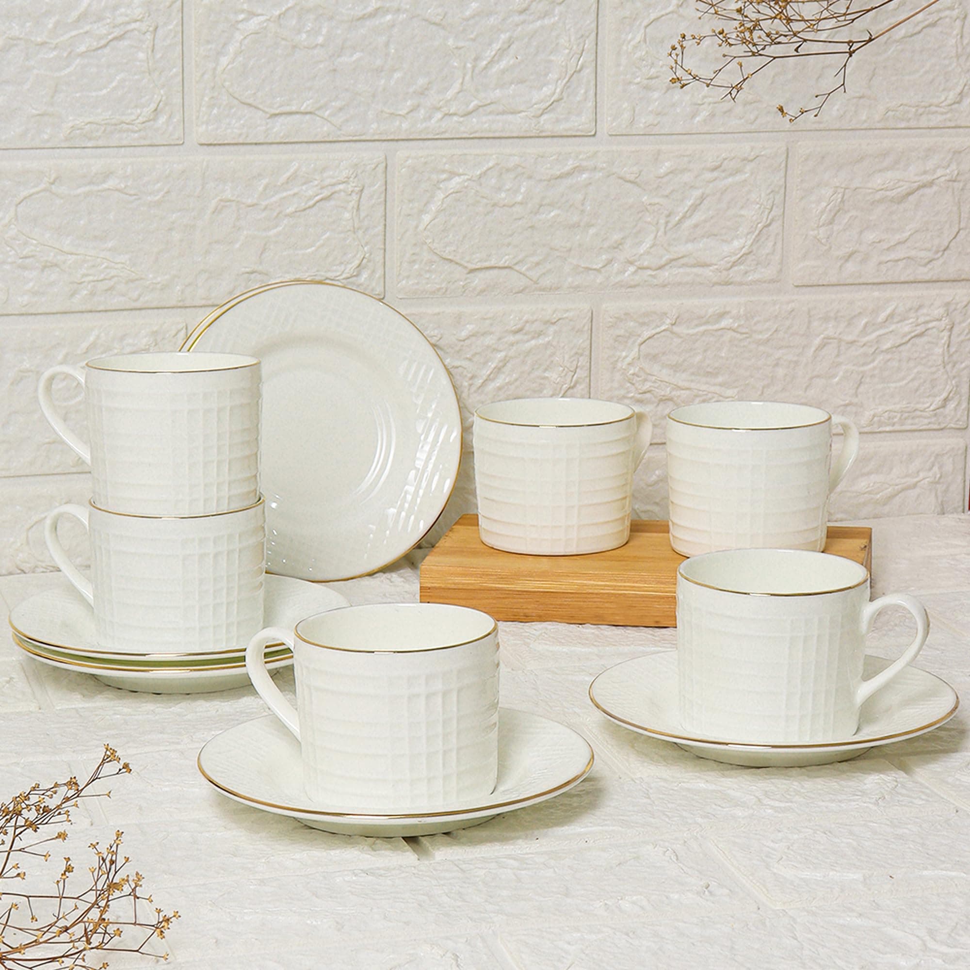 Femora Ceramic Coffee & Tea Cup Set (6 Cups with 6 Saucers), 200 ml, White Gold Line Square Cut Design | Microwave Safe & Dishwasher Safe