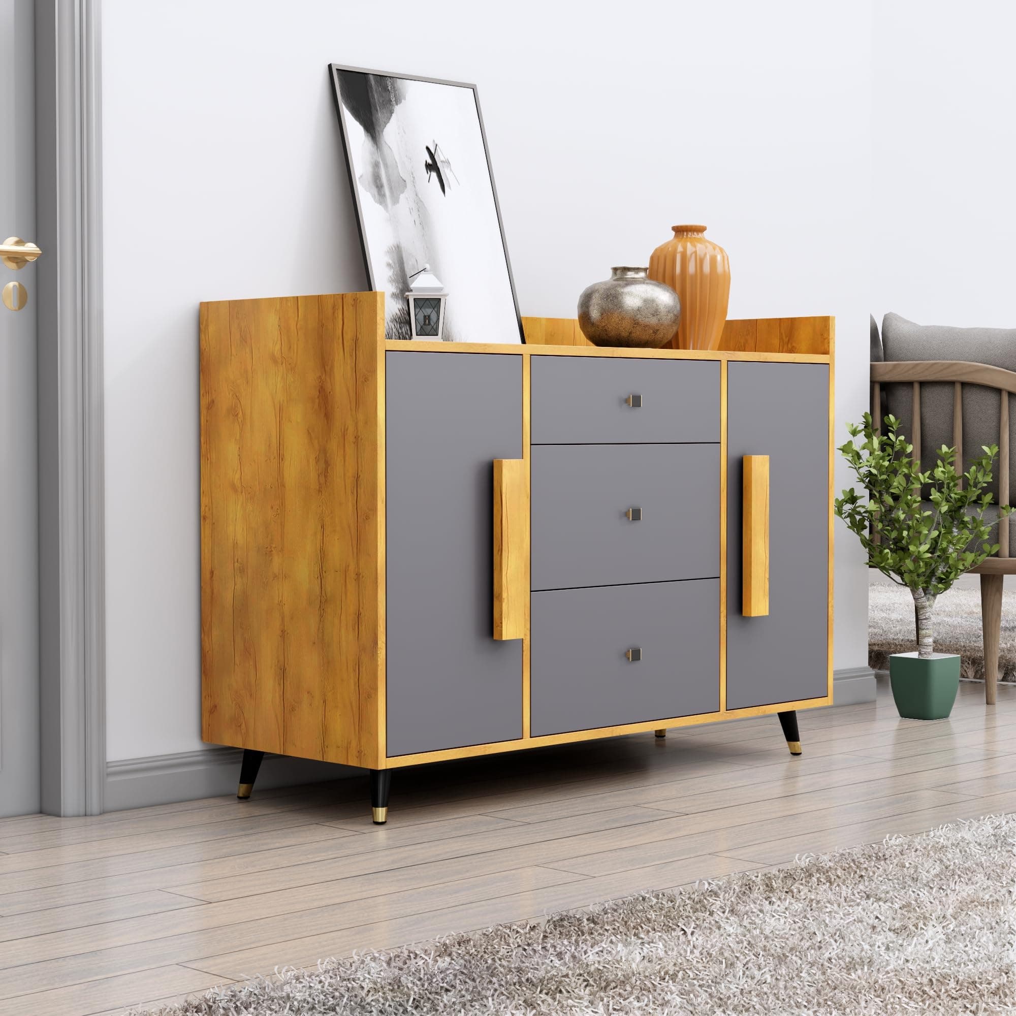 Bniture Wooden Sideboard Cabinet for Living Room | Wooden Storage Cabinet with 2 Door & 3 Drawer | Engineered Wood Multipurpose Cabinet with Spacious Shelves for Home | Giant Wood & Slate Grey