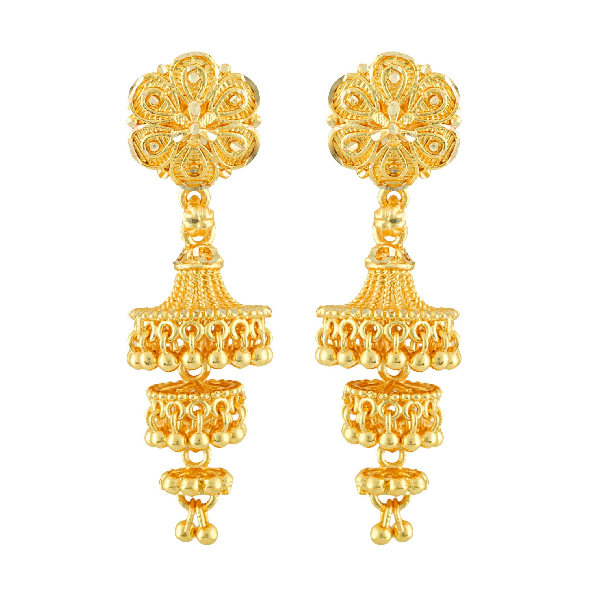 MEENAZ Traditional Temple Jewellery 18k One Gram Gold Ethnic Copper Stylish South Indian Meenakari Screw Back Studs Long 3 Layer Jhumkas Jhumka Earrings Set For Women girls Latest -GOLD JHUMKI-M133