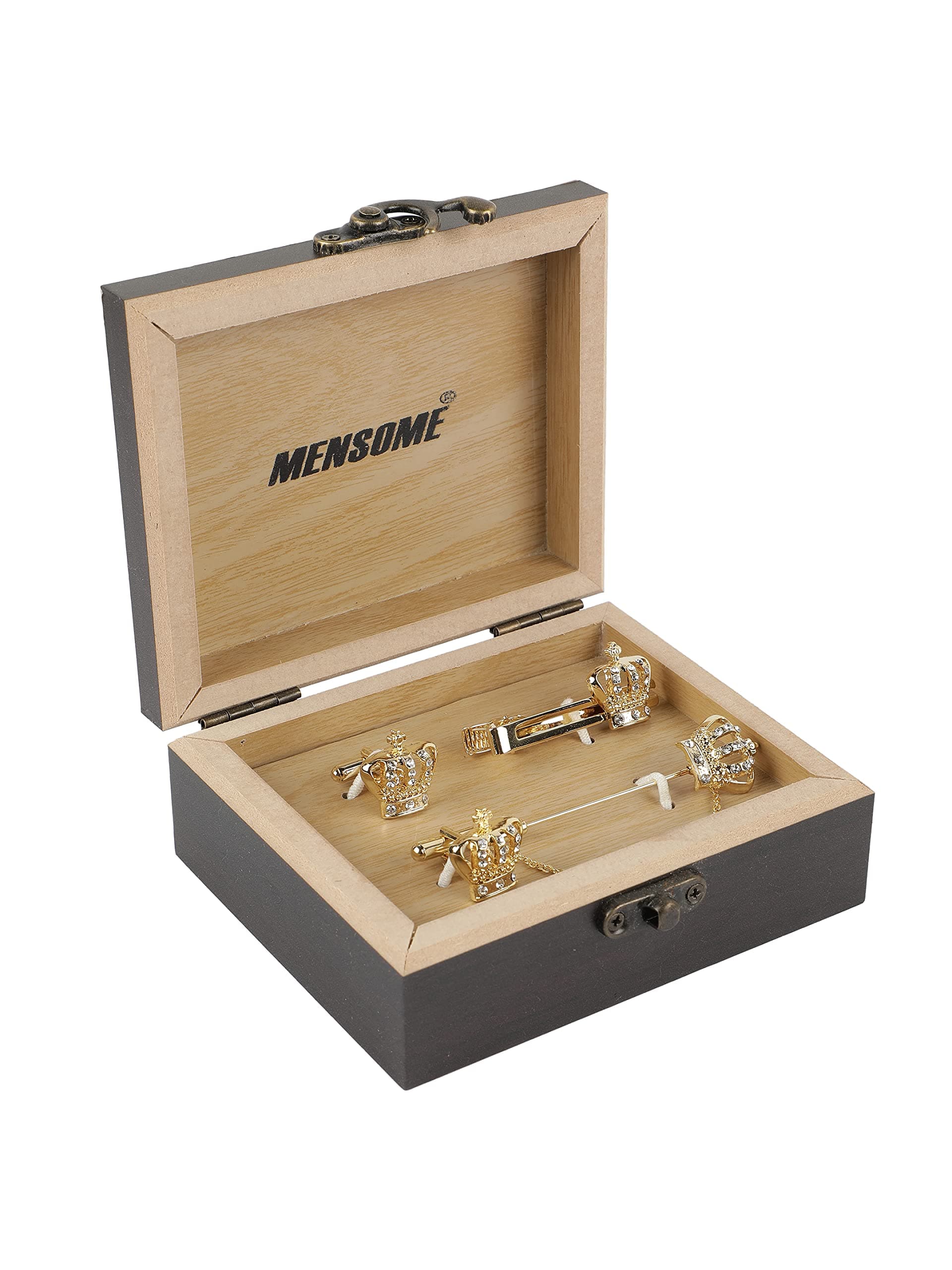 MENSOME Golden Crown Cufflinks, Lapel Pin Brooch And Tie Pin Gift Set For Men