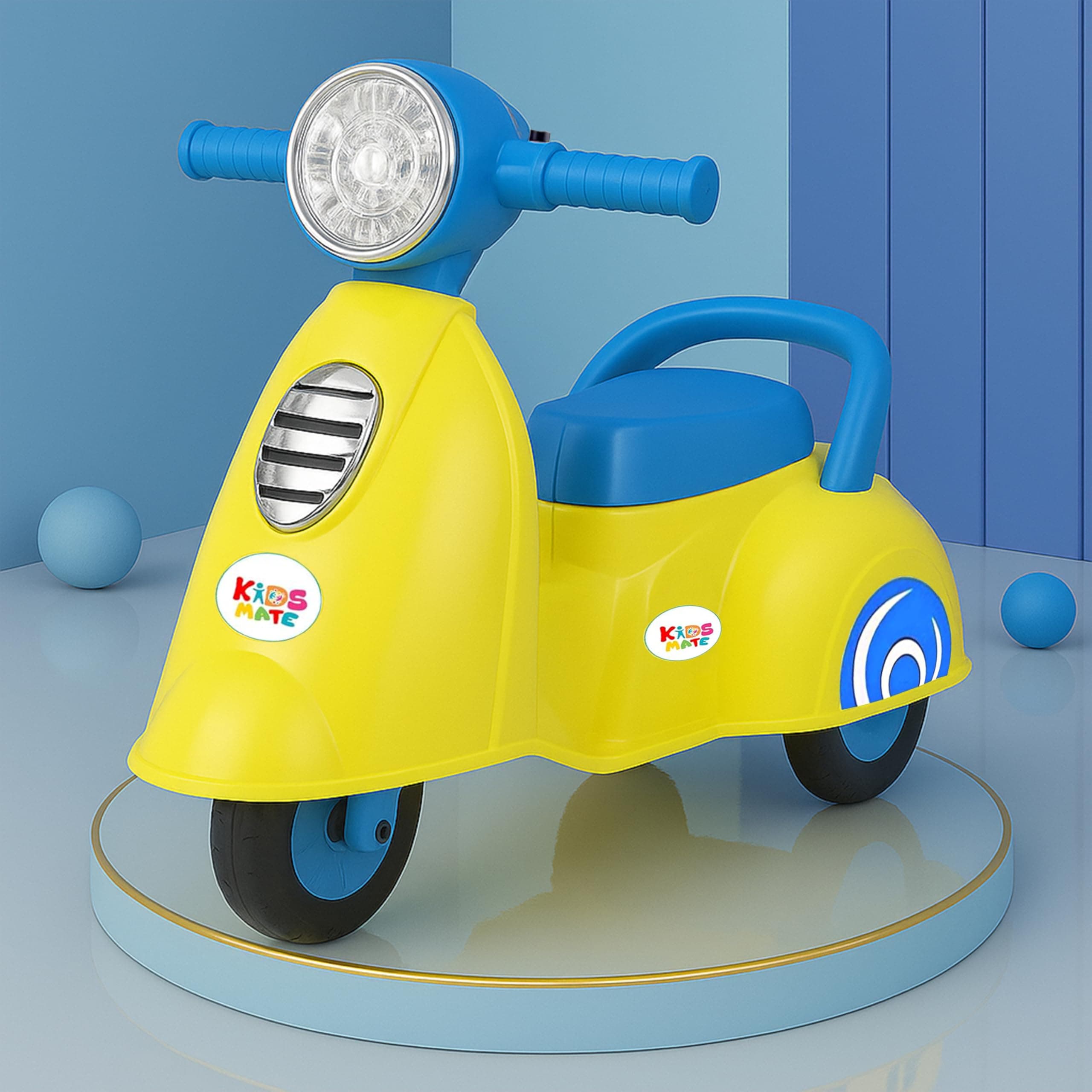 Kidsmate Rhino Push Scooter: A Fun Ride On Experience with Music & Light for Kids | Boys/Girls Age 1-3 Years | Exciting and Safe Outdoor Toy (Yellow/Blue)