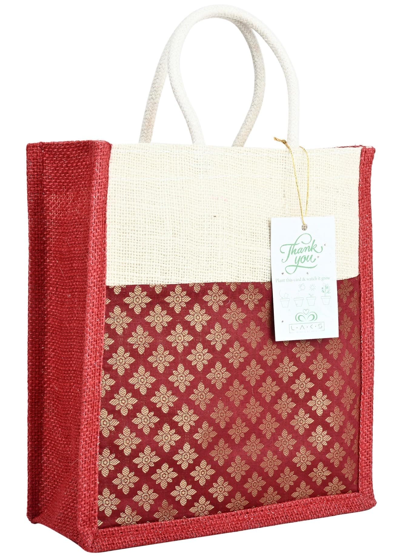 LAKS - Jute Gift bags - Jute Bags - Jute Bags For Return Gifts - Gift bags Small Size - 10x10x4 inch - With Seed Paper Thank You Card (Brocade - Maroon, Pack of 5)