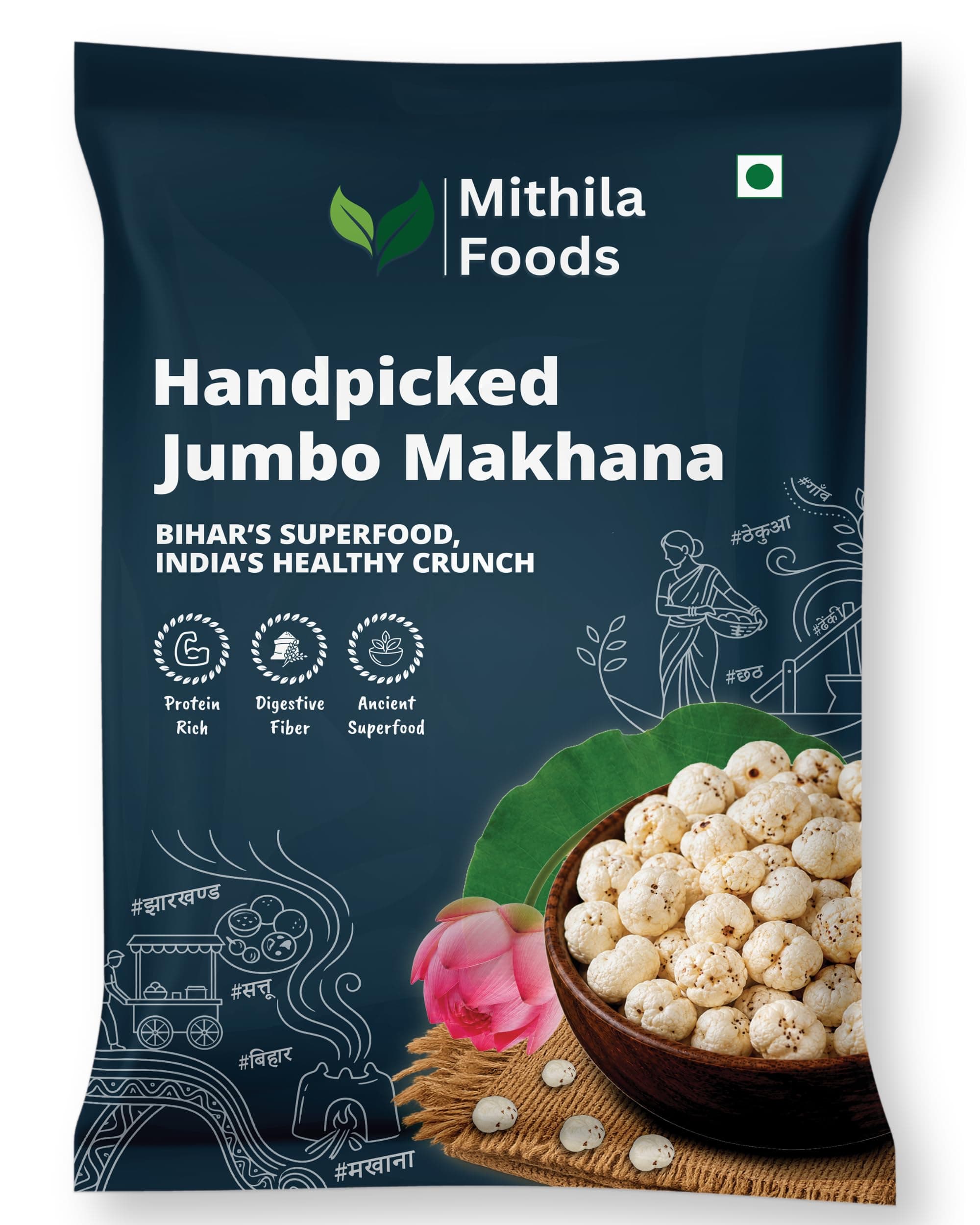 MITHILA FOODS 200g Authentic Bihari Jumbo Hand-picked Phool Makhana | 100% Natural & Gluten-Free Foxnuts | High Protein, Low-Calorie Lotus Seeds | Perfect Healthy Snack | Traditional Taste from Bihar