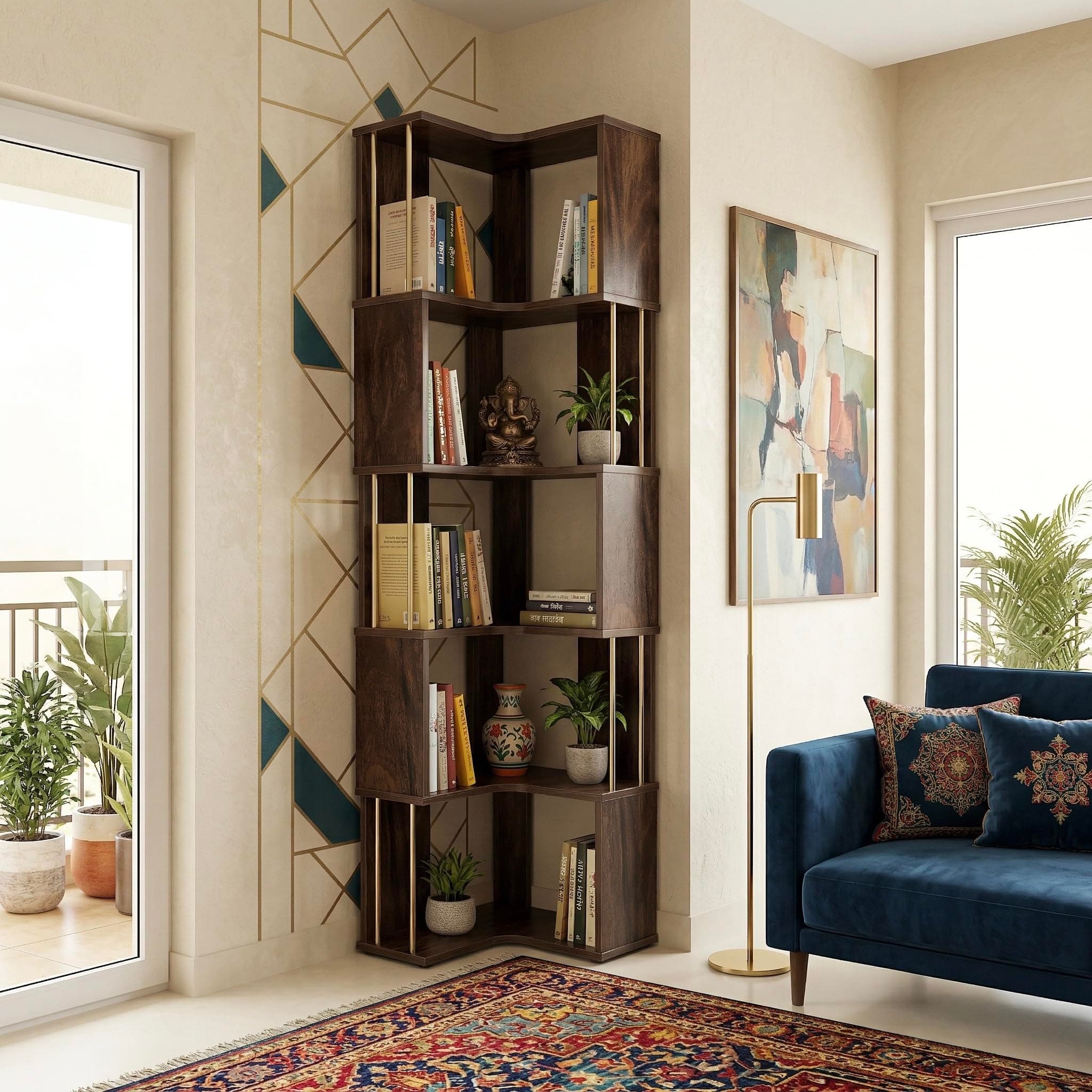 Studio Kook Vista Engineered Wood Corner Bookshelf | Bookcase (Matte Finish) (Junglewood)