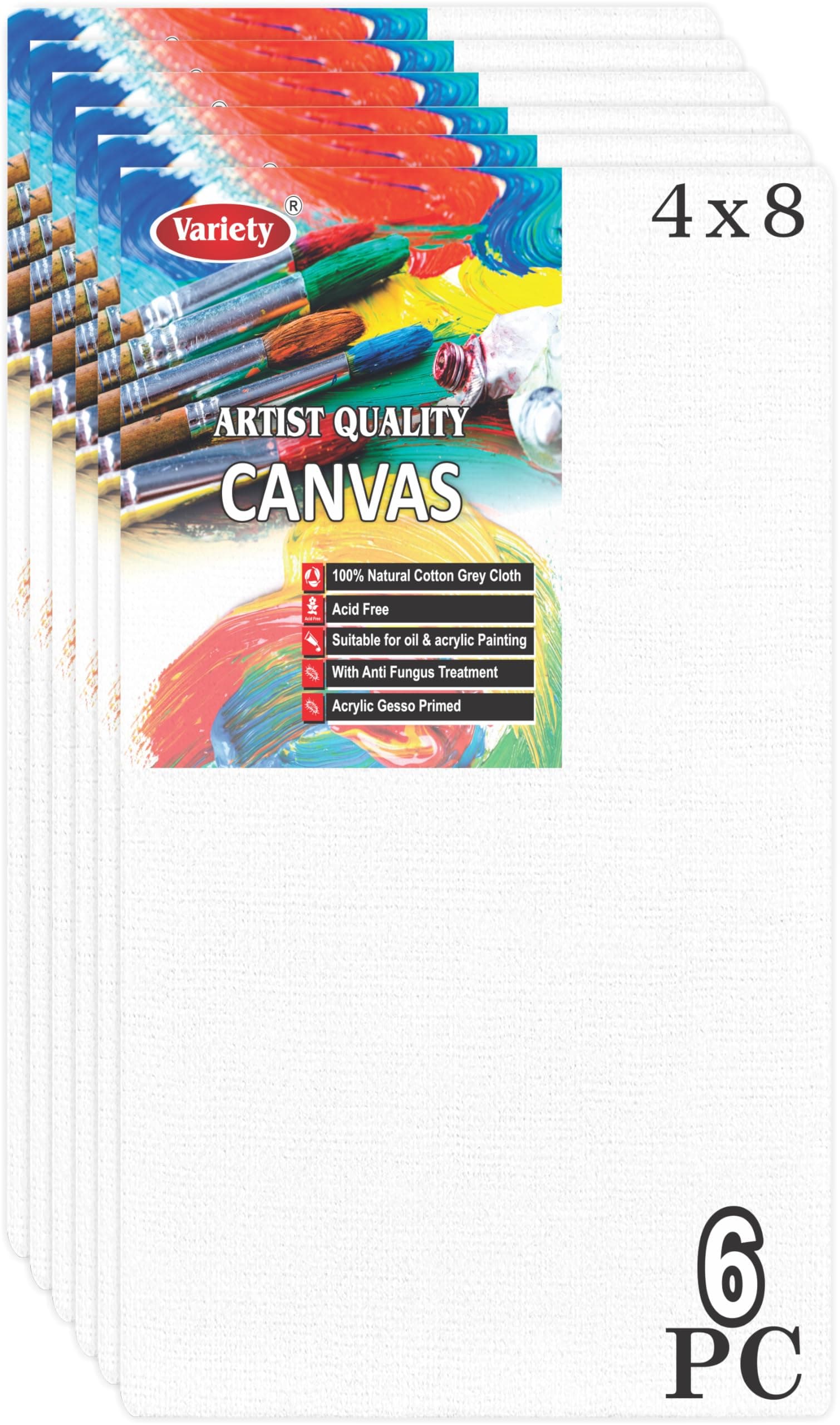 Variety Canvas 4 X 8 Inch Cotton Canvas Board for Painting, 5OZ Primed, Pack of 6 Piece - White