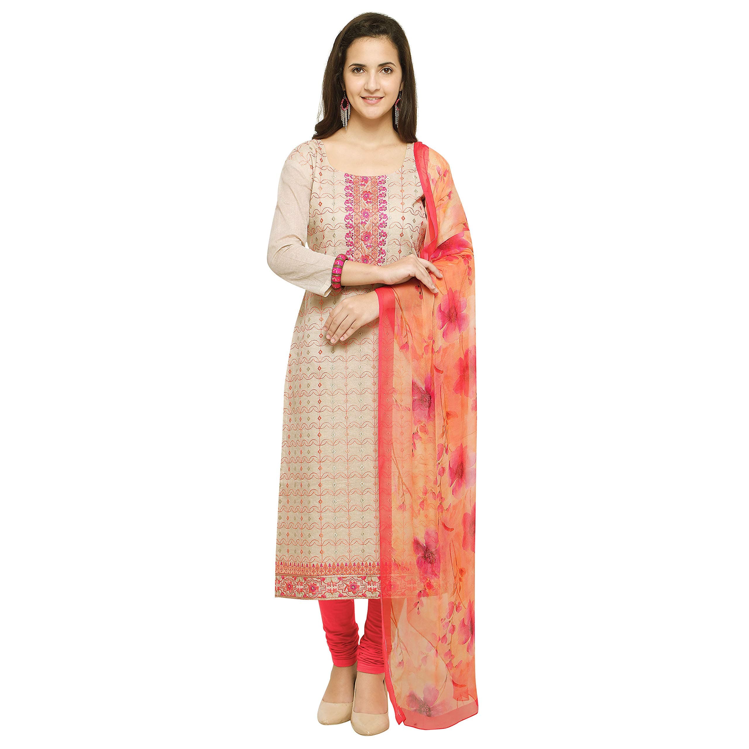 Monira Women's Beige Modal Embroidered Unstitched Salwar Suit Material (Free Size)