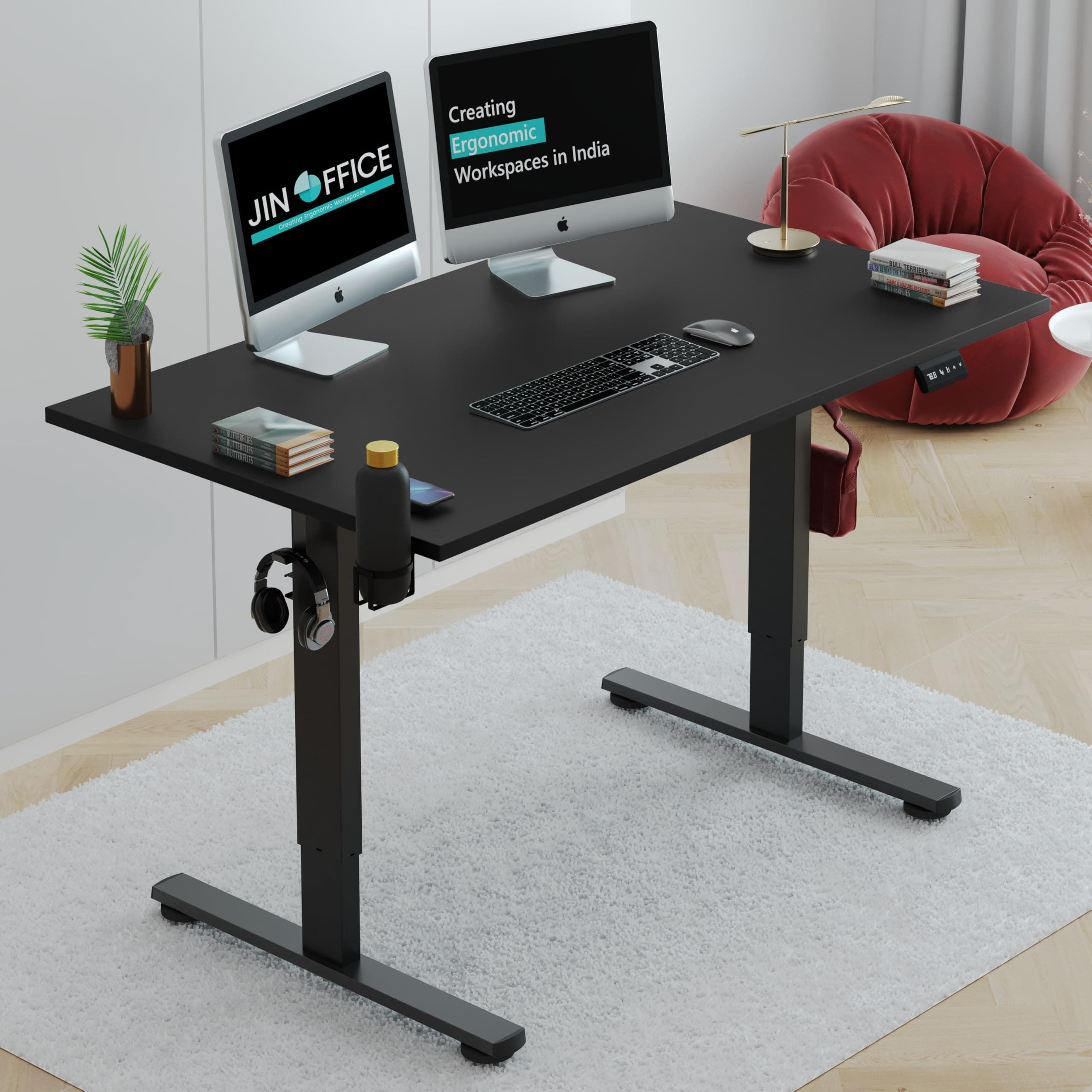 JIN OFFICE Octave Electric Height Adjustable Desk | Standing Desk, 80 Kg Wt. Cap, 2 Year Warranty| Sit Stand Table with Cup Holder, Memory Preset| Stability Crossbar| Black 1200*750mm/25mm Thick Top