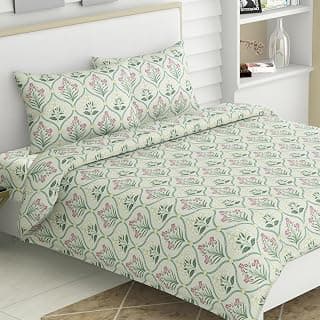 haus & kinder Bedsheet for Double Bed King Size 186 TC Pure Cotton 108 * 108 Inches Floral Bedsheets for King Size Bed with 2 Pillow Covers -Green Blossom
