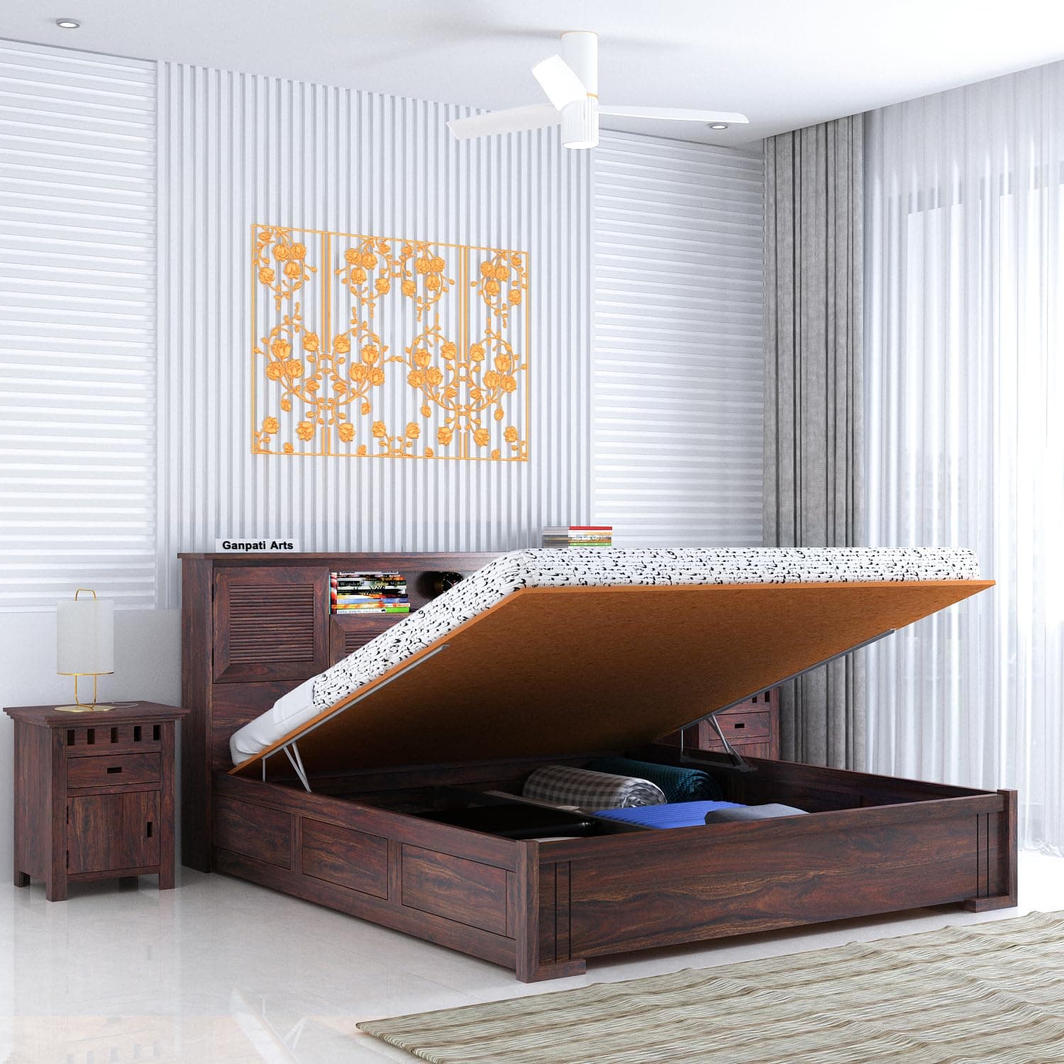 Ganpati Arts Maharaja Groove Solid Sheesham Wood Queen Size Bed with Hydraulic Box and Headboard Storage Wooden Double Bed Cot Palang Furniture for Bedroom Living Room Home (Walnut Finish)