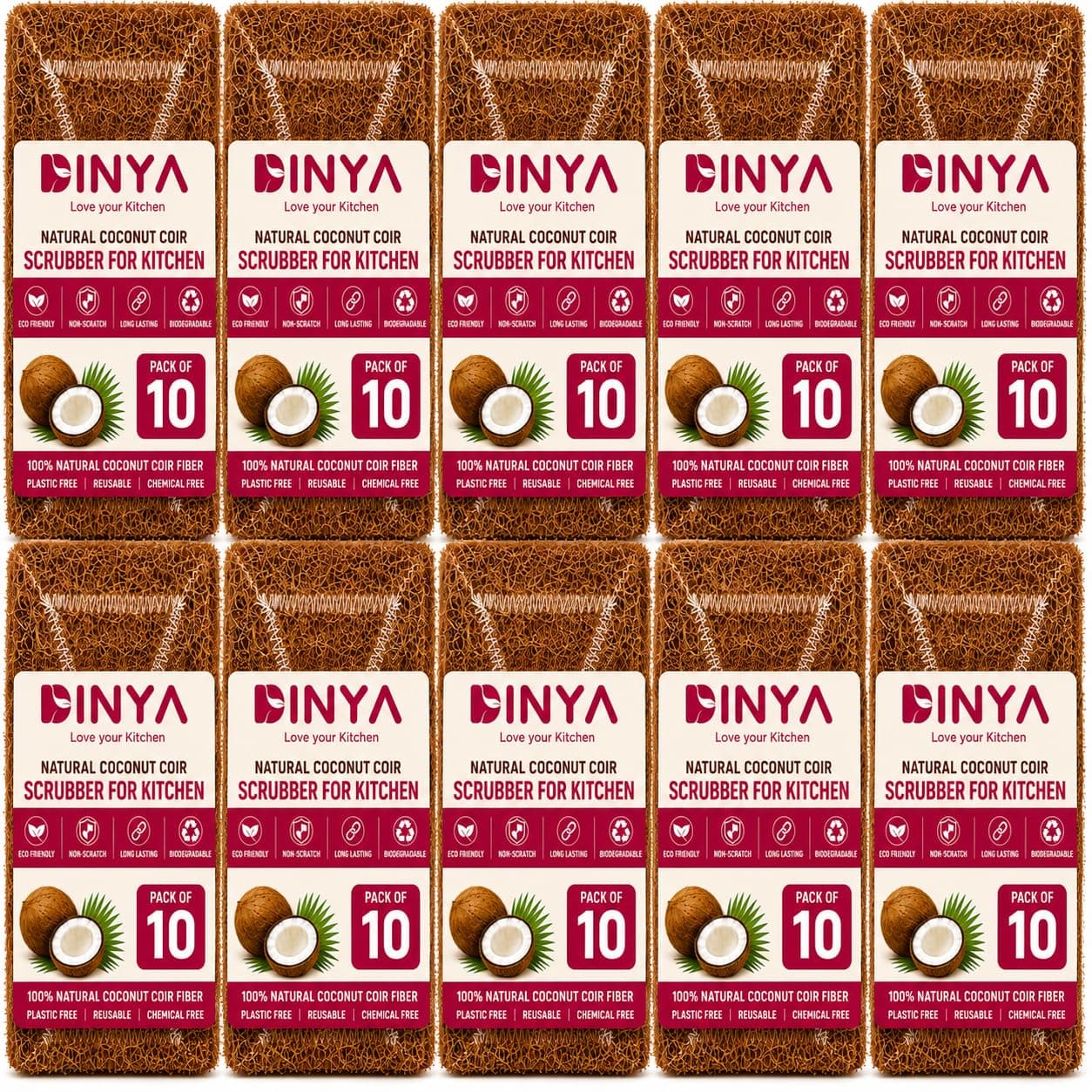Natural Coconut Scrub Dish Washing (Pack of 10) | 100% Coconut Coir Dishwashing Sponge | Eco-Friendly, Non-Toxic & Biodegradable Scrub Pad for Utensils | Scratch-Free | 5X Long-Lasting, Plastic-Free