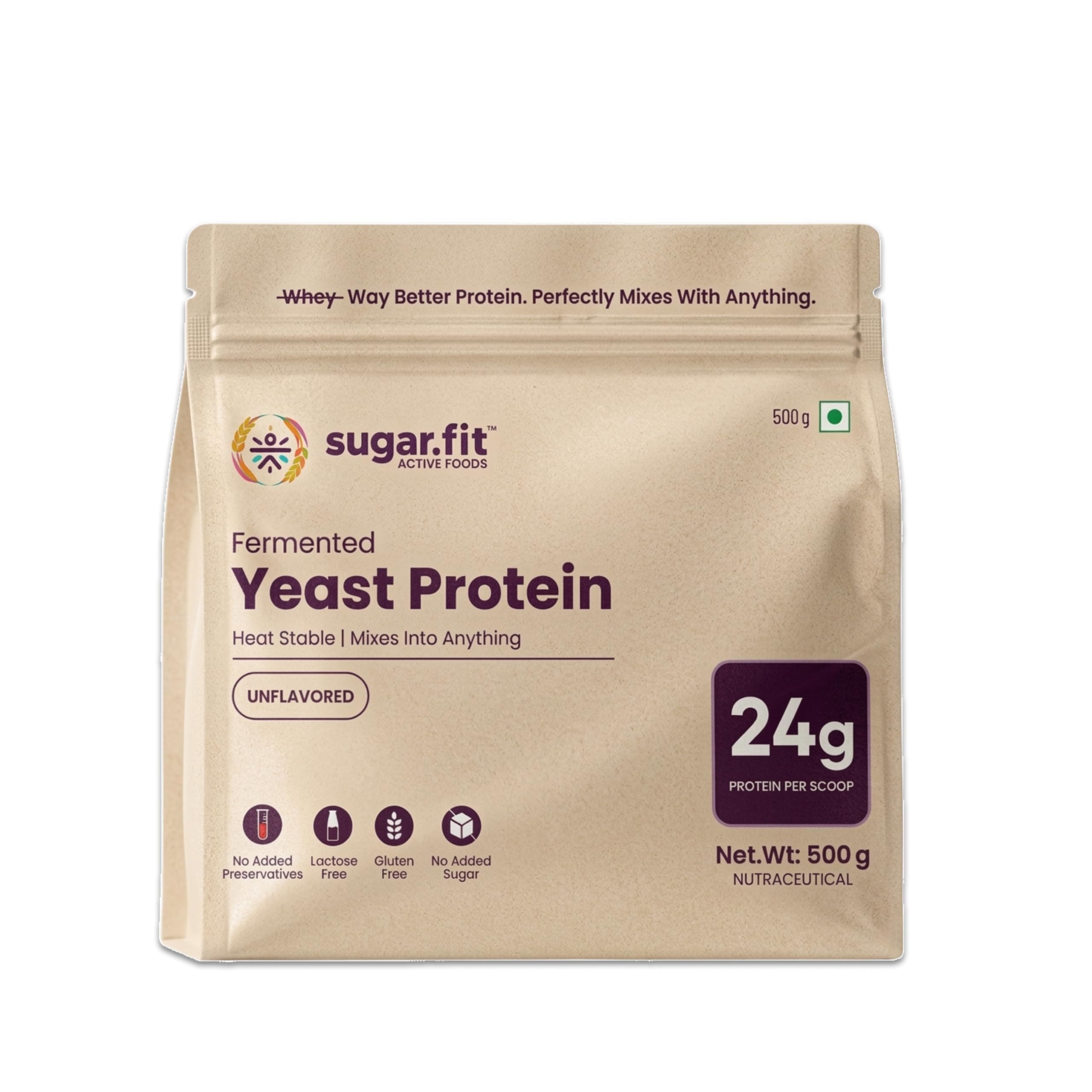 Sugar.fit | Active Foods Fermented Yeast Protein Powder, Unflavored, 24g Protein per Scoop, Heat Stable, Gluten Free, Lactose Free, No Added Sugar, Vegan, 500g