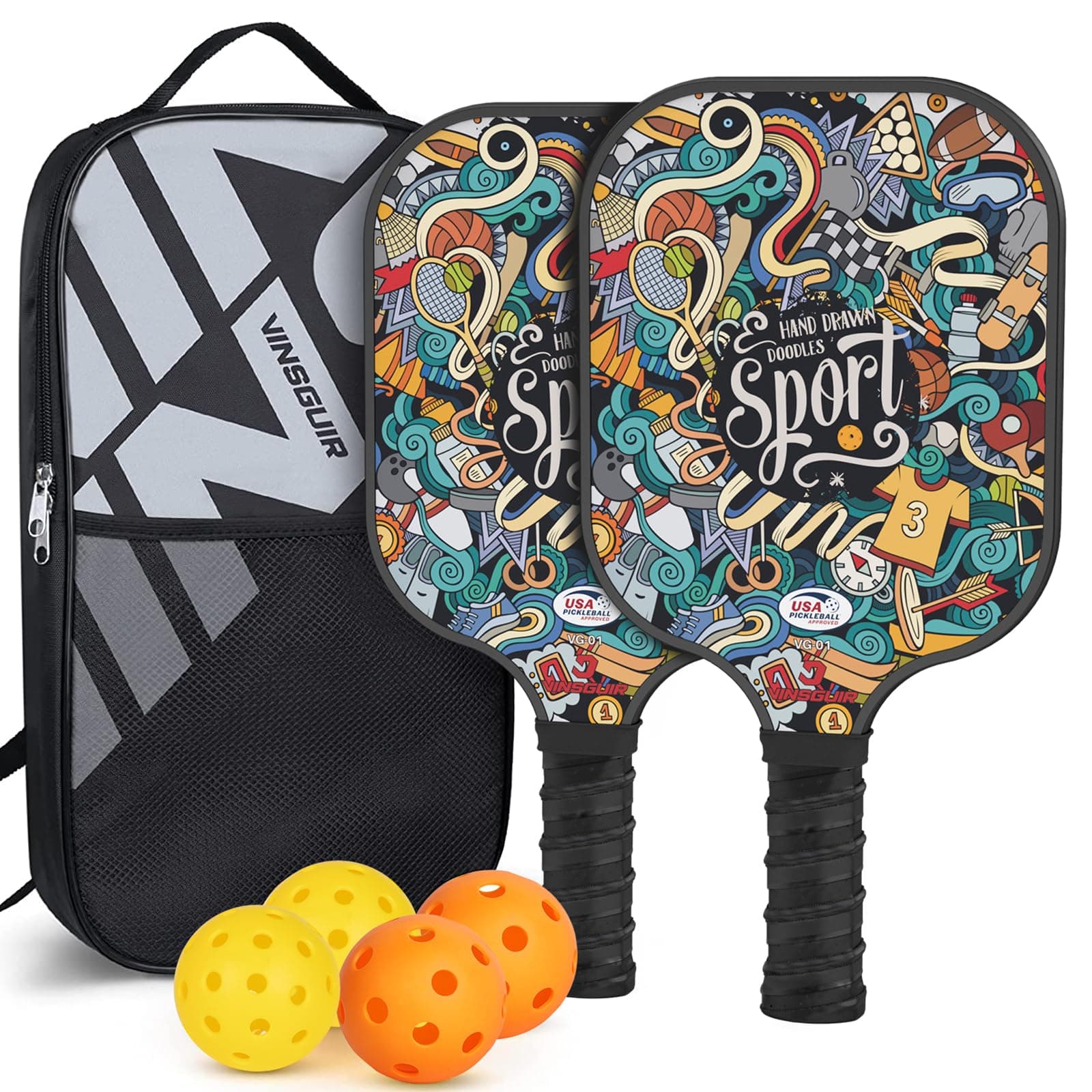 Vinsguir Pickleball Paddle - 2 Premium Graphite Rackets Honeycomb Composite Core with Cushion Comfort Grip & 4 Balls & Portable Racquet Bag (Hand Drawn Doodles + 3 Outdoor Balls +1 Indoor Ball+ Bag)