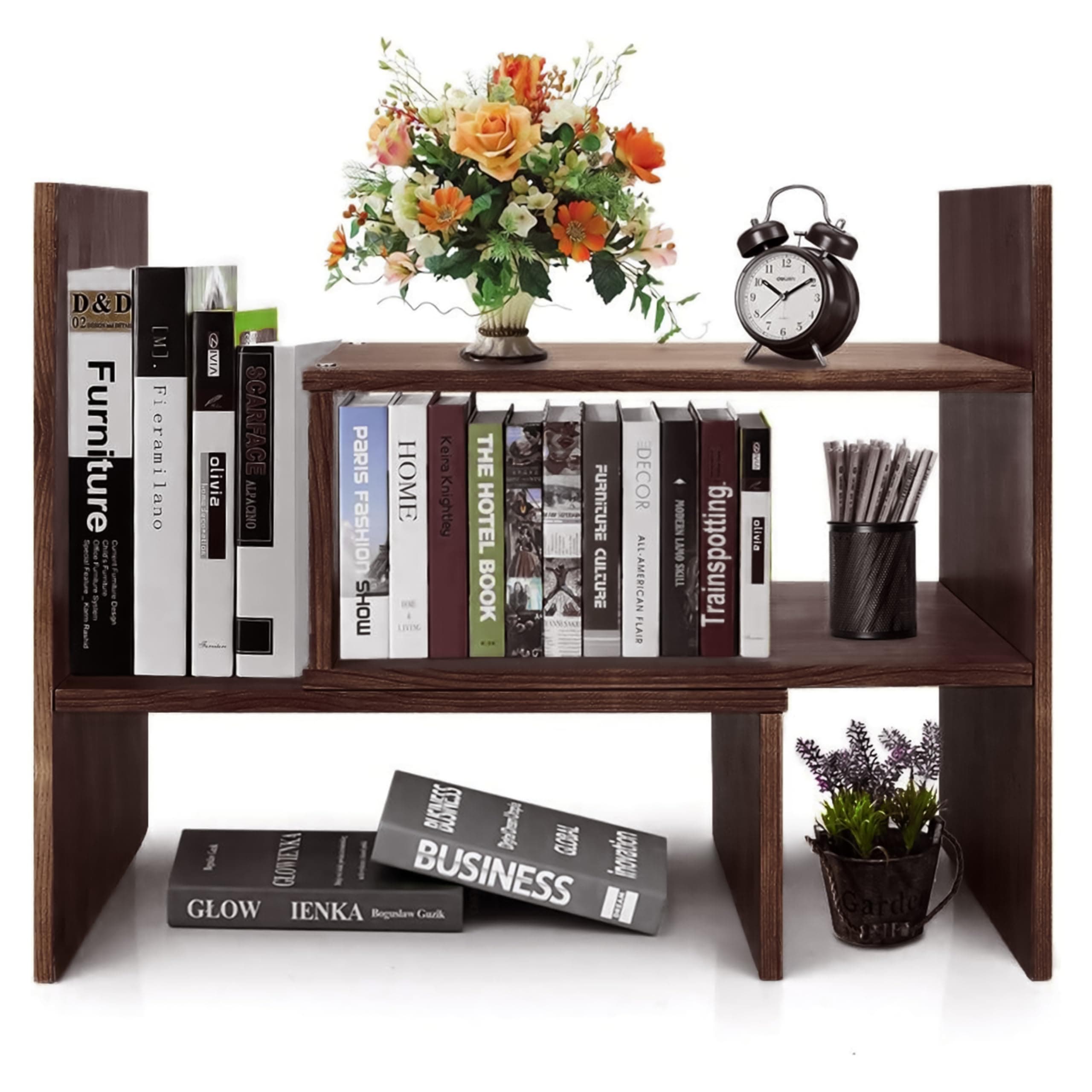 Livzing Wooden Adjustable Tabletop Bookcase - Modern Wood Bookshelf for Home Decor - Book Storage Cabinet - Books Holder - Desktop Bookshelf Organizer - Space Saving Design(Mahogany Brown)