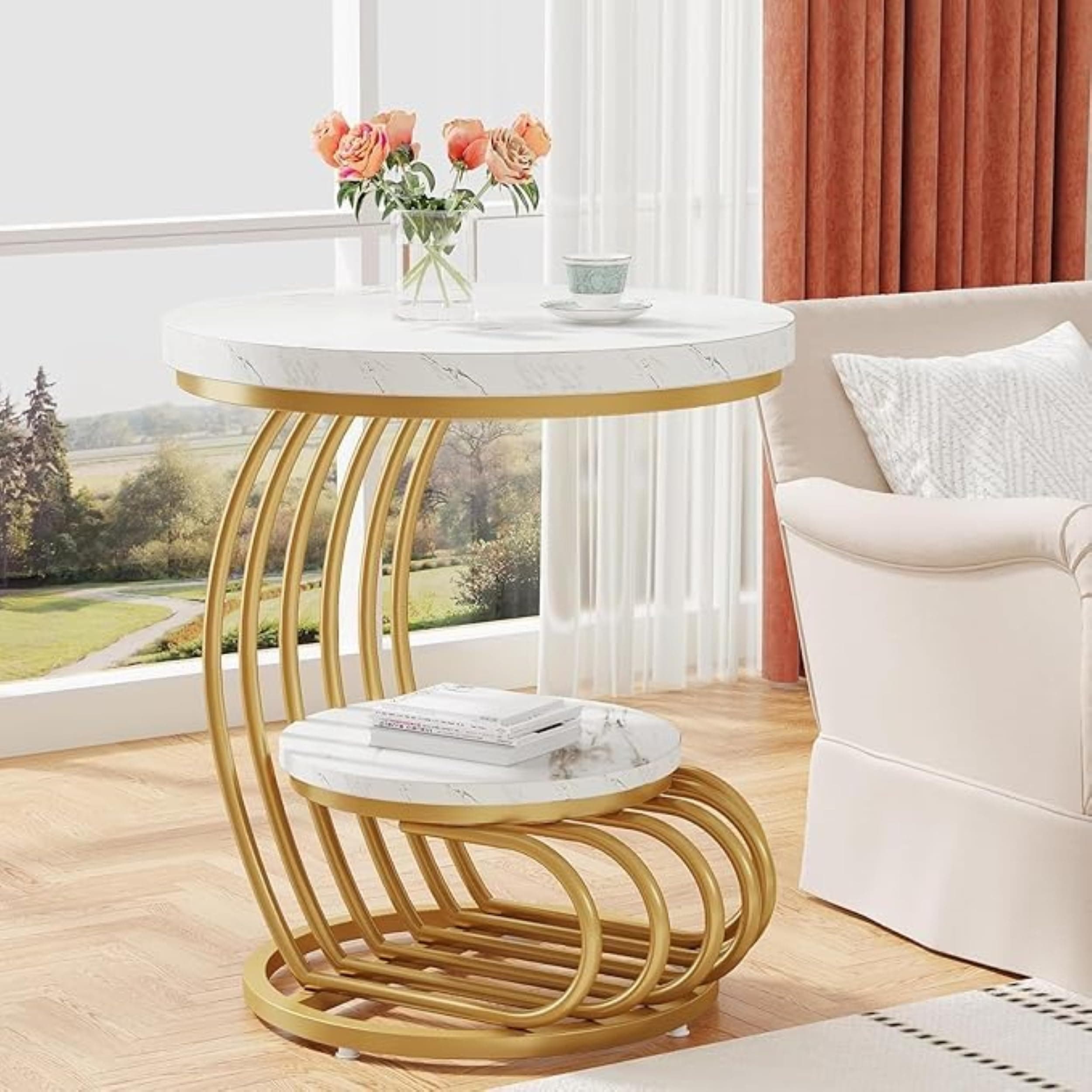 SS CRAFTMAKERS Coffee Table Square Modern Coffee, End, or Side Table with a Faux Marble Wooden Top and a Golden Metal Frame (Black Gold) (Golden White)