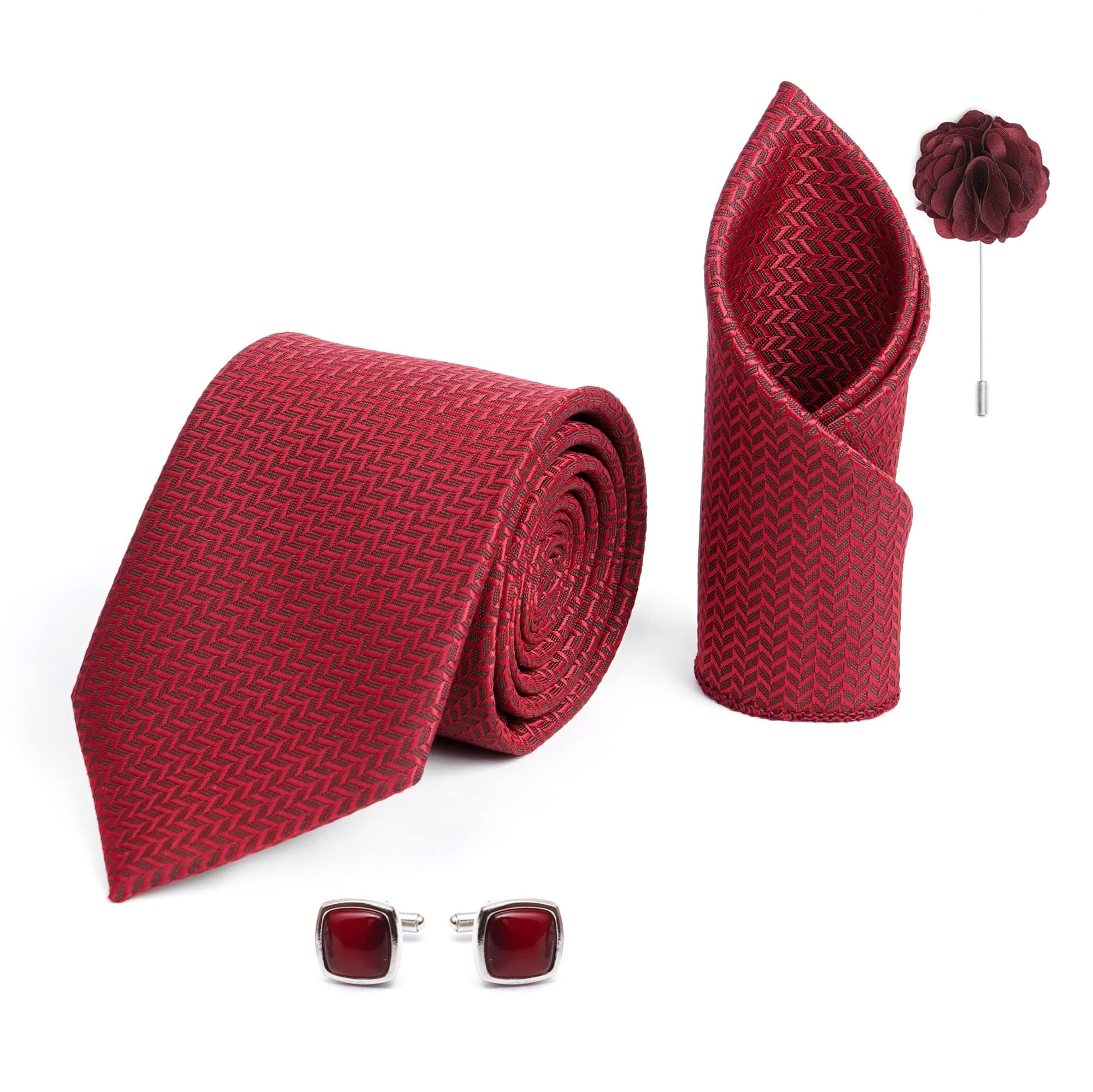 Axlon Tie for Men – Self Silk Neck Ties Set with Cufflinks Flower Pin, Pocket Square & Black Gift Box, Combo Necktie Sets for Office Wear, Formal Suits & Weddings (0, AXSIDIRX)