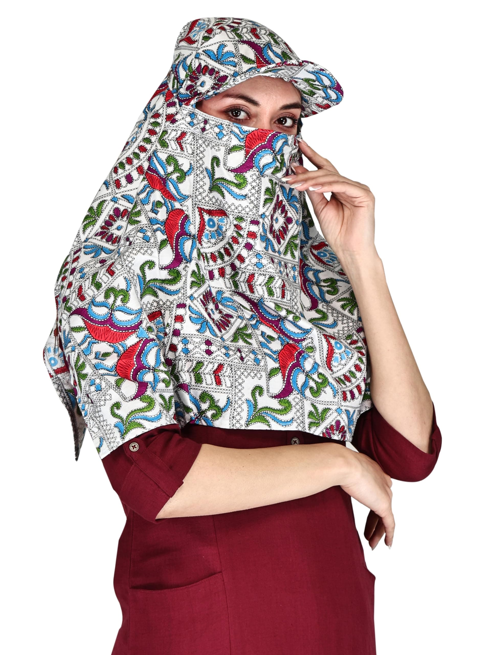7 season's Cotton Short Scarf Cum Mask Universal Size/Usable for vehicle Driver for sunlight UV protection/White Printed Design