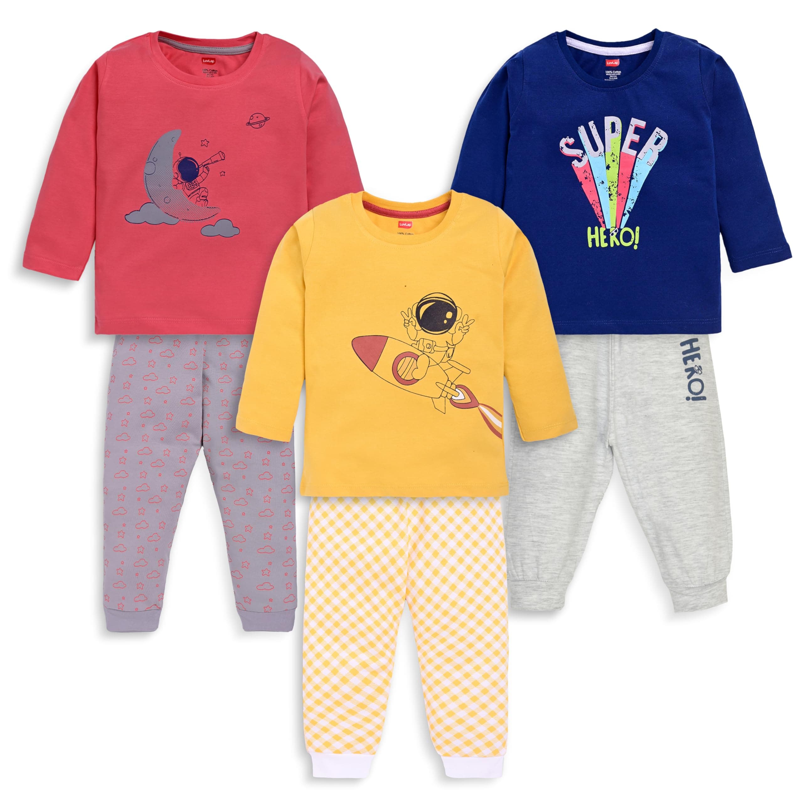 LuvLap Baby Boys 100% Cotton Full Sleeve Boys T-Shirt & Pyjama Sets, Pack of 3