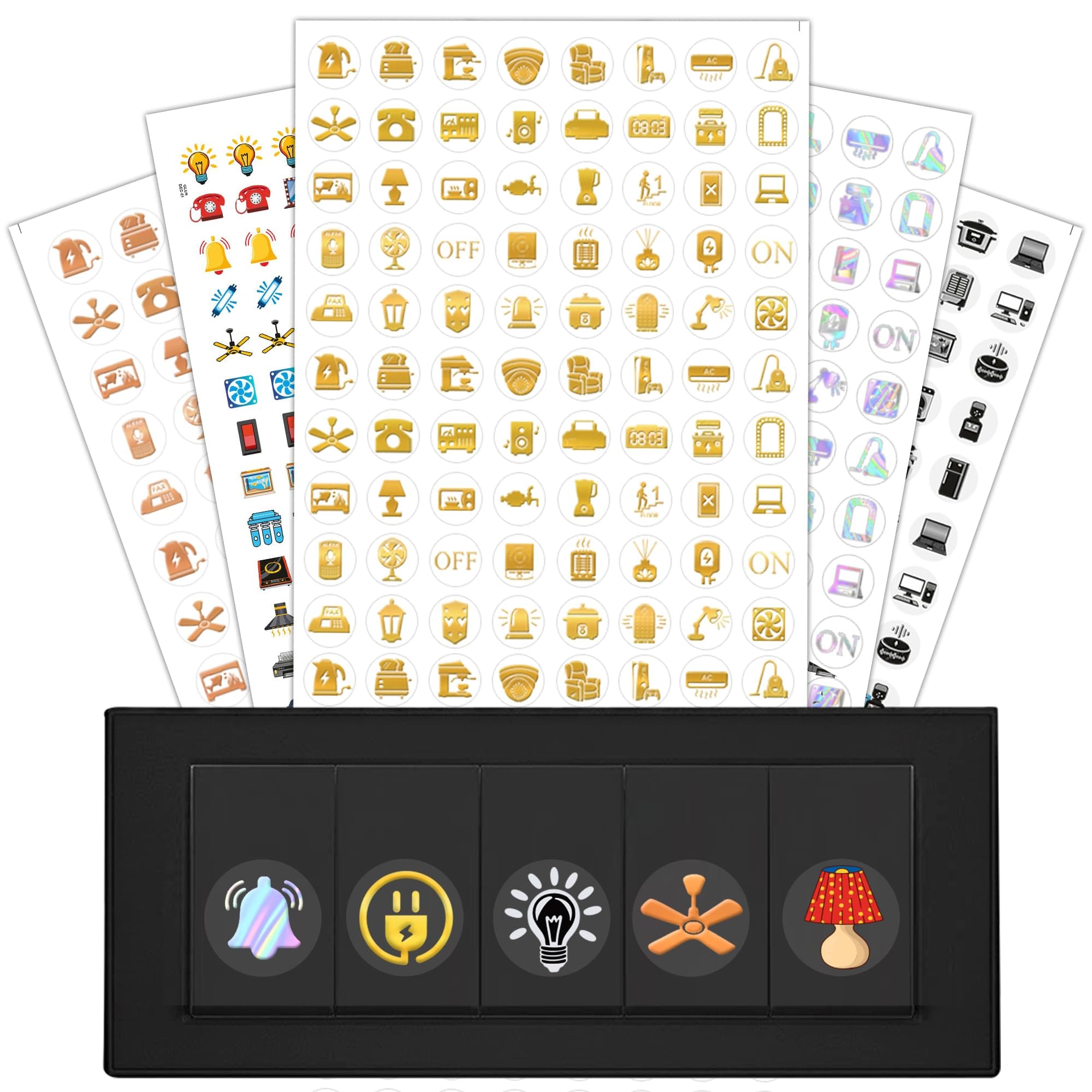 GLUN® Right Switchboard Button Stickers, 60 Plus Icons 750 Stickers, Decorative Labels for Fan, Light, AC, &Fridge, 5-Sheets (Gold, Rose Gold, Black, White, Multicolour), Home Switch Board Labels